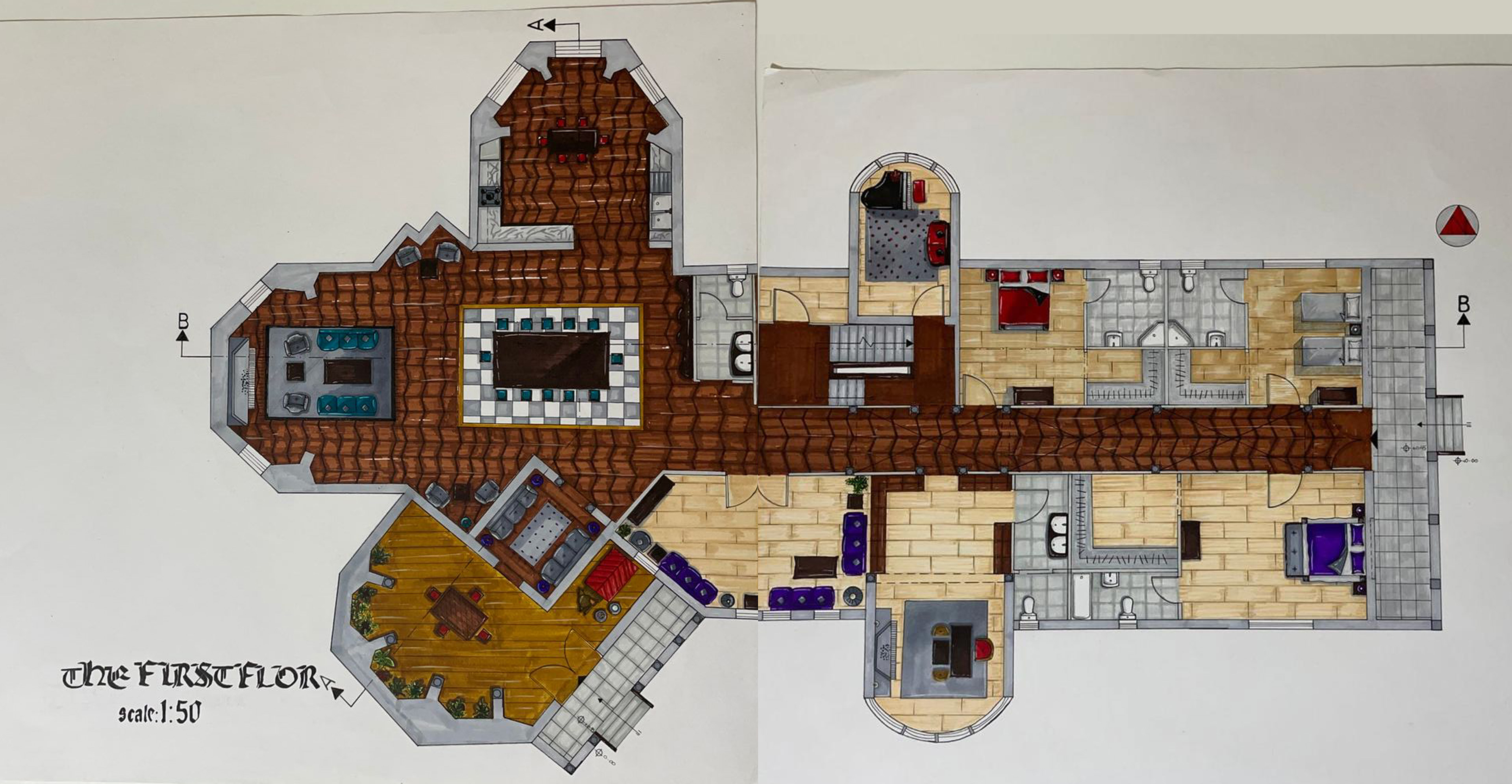 The First Floor Plan contains (3 master bedrooms, office with a library, a piano room, a guest room, a kitchen, a dining area, living room, and outdoor area)