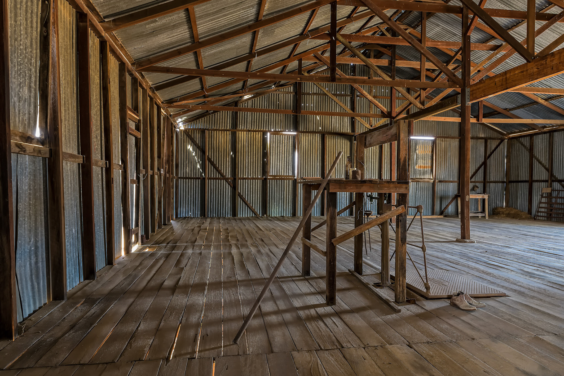 Title: Shirley Station Woolshed / Caption:  A beautiful old wool shed, shearers quarters and shearing sheds can be visited in the remote Moorinya National Park in Queensland, Australia