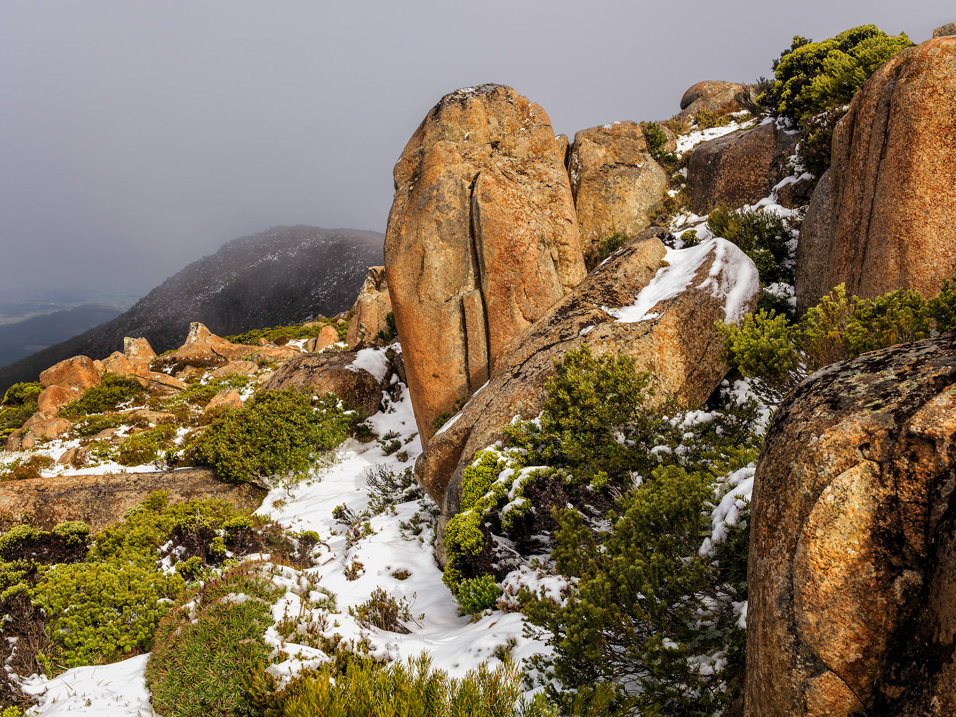 Snow and Rocks #2 / I visited Mt Wellington above Hobart on a very windy day in May. I had to wait three hours before the road  opened and I could drive to the top. Tasmania, Australia