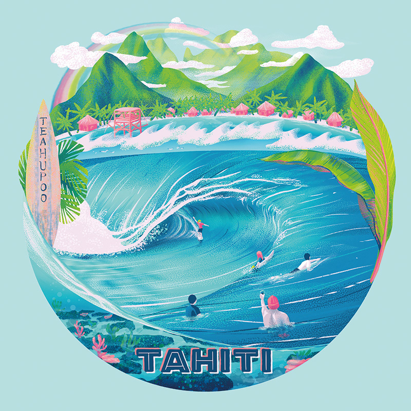 Surf Art Travel Illustration Tahiti Teahupoo