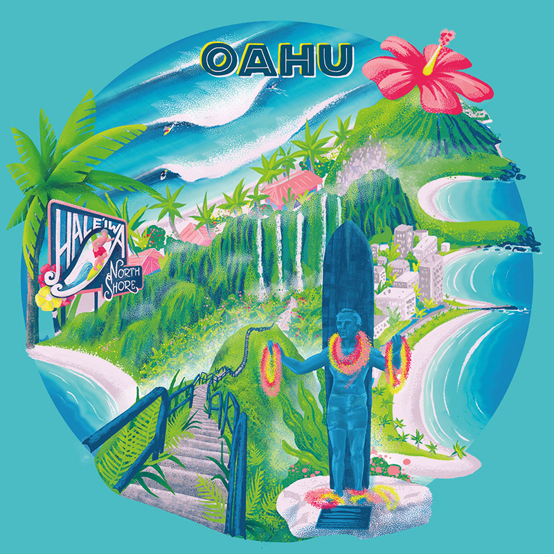 Surf Art Travel Illustration Hawaii Oahu North Shore Pipeline Duke Kahanamoku