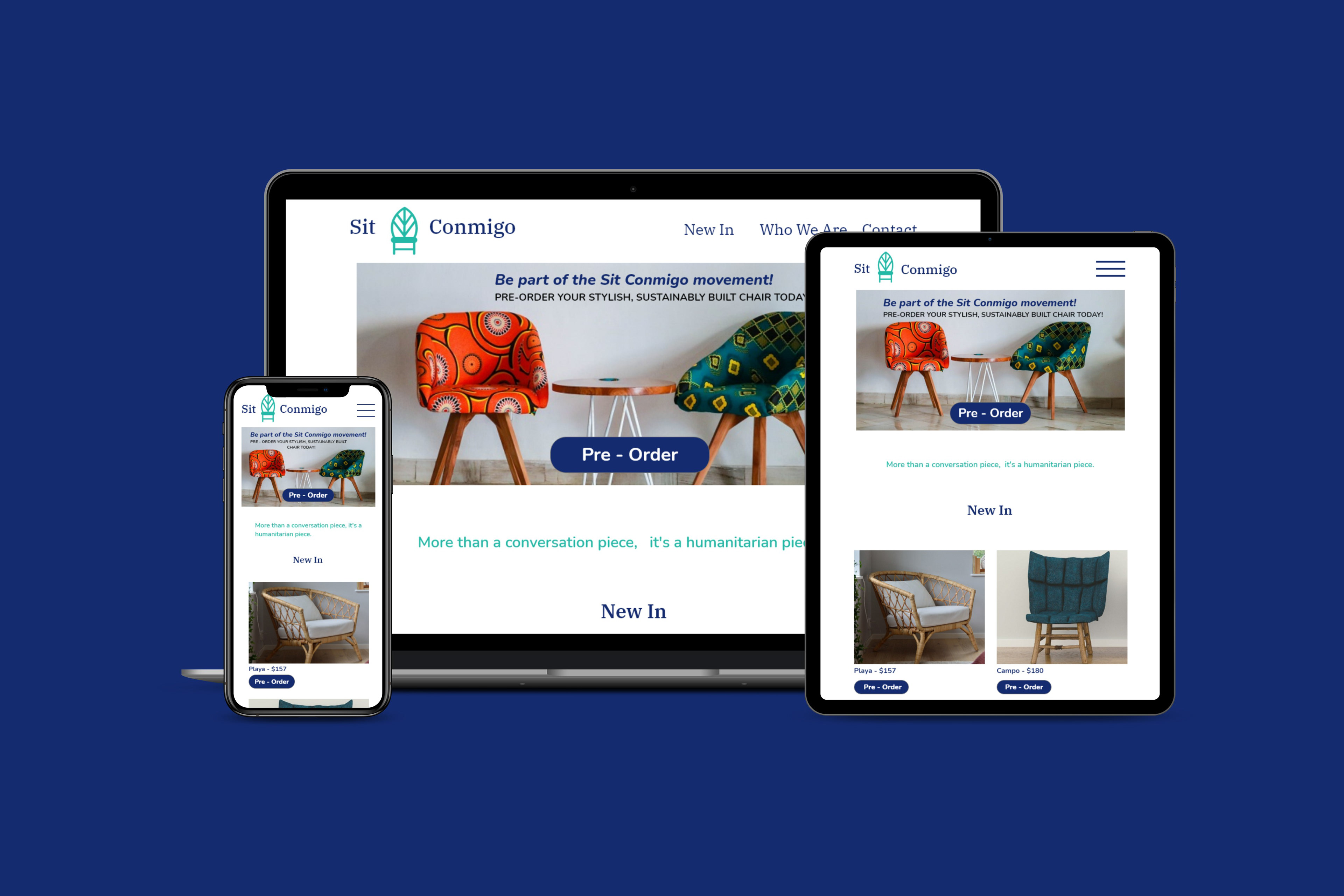 Picture displays the web design of a furniture company on phone, tablet, and desktop.