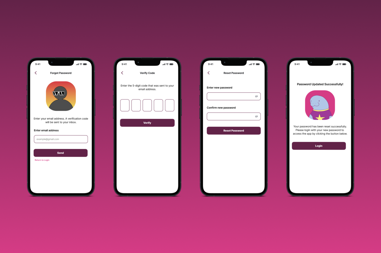 Images of the forgot password, verify code, reset password, and successfully updated screens on a purple gradient screen