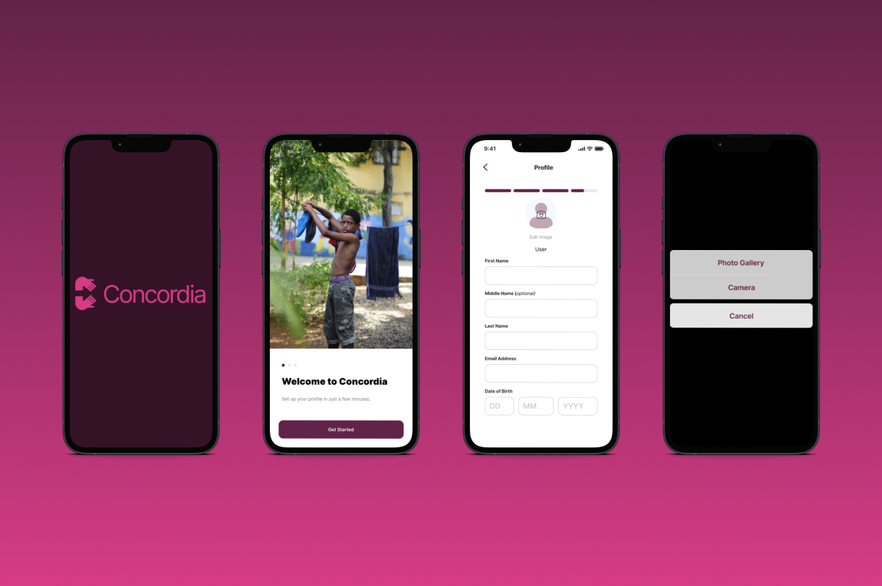 Images of the splash screen, get started, account creation and add image screens on a purple gradient background