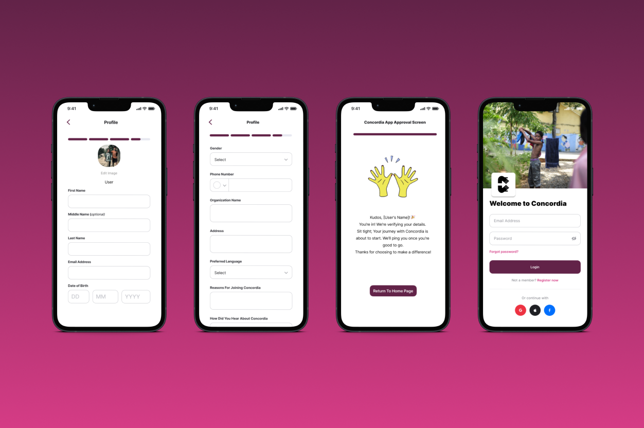 Images of the profile creation, profile approval and log in (with forgot password) screens on a purple gradient background