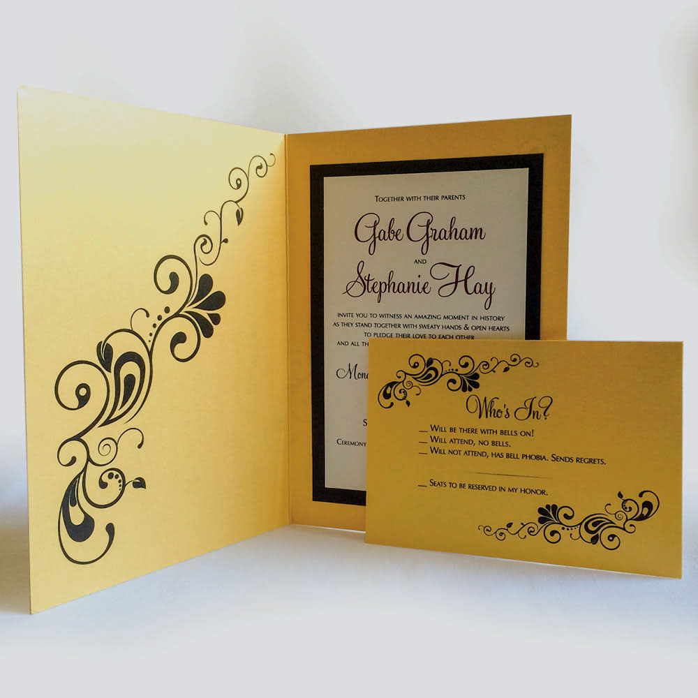The interior mirrors the design element on the front and has a digital print with the invitation information. The RSVP card was a single-color, digital print on the gold stock.