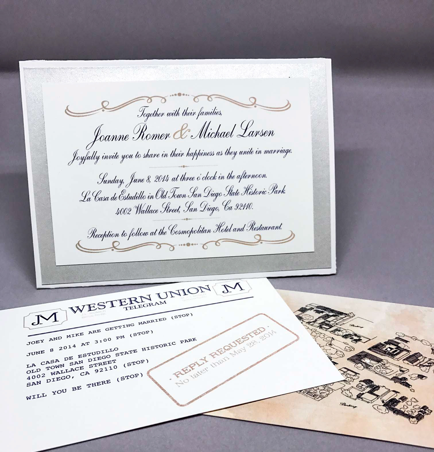 Silver backing paper added extra flair to the digital-print invitation. The RSVP card was designed after Victorian-era telegrams as a nod to the wedding venue in Old Town San Diego. An illustrated map of the park was included for guests.