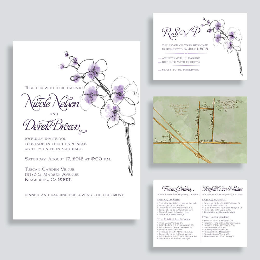 The bride-to-be requested an orchid-themed wedding suite with a hand-illustrated look and feel using her colors of lavender and sage. I drew the orchid in ballpoint pen and added the color in Photoshop. Another illustrator drew a pencil sketch of the map, which I then adjusted and colored in Photoshop.