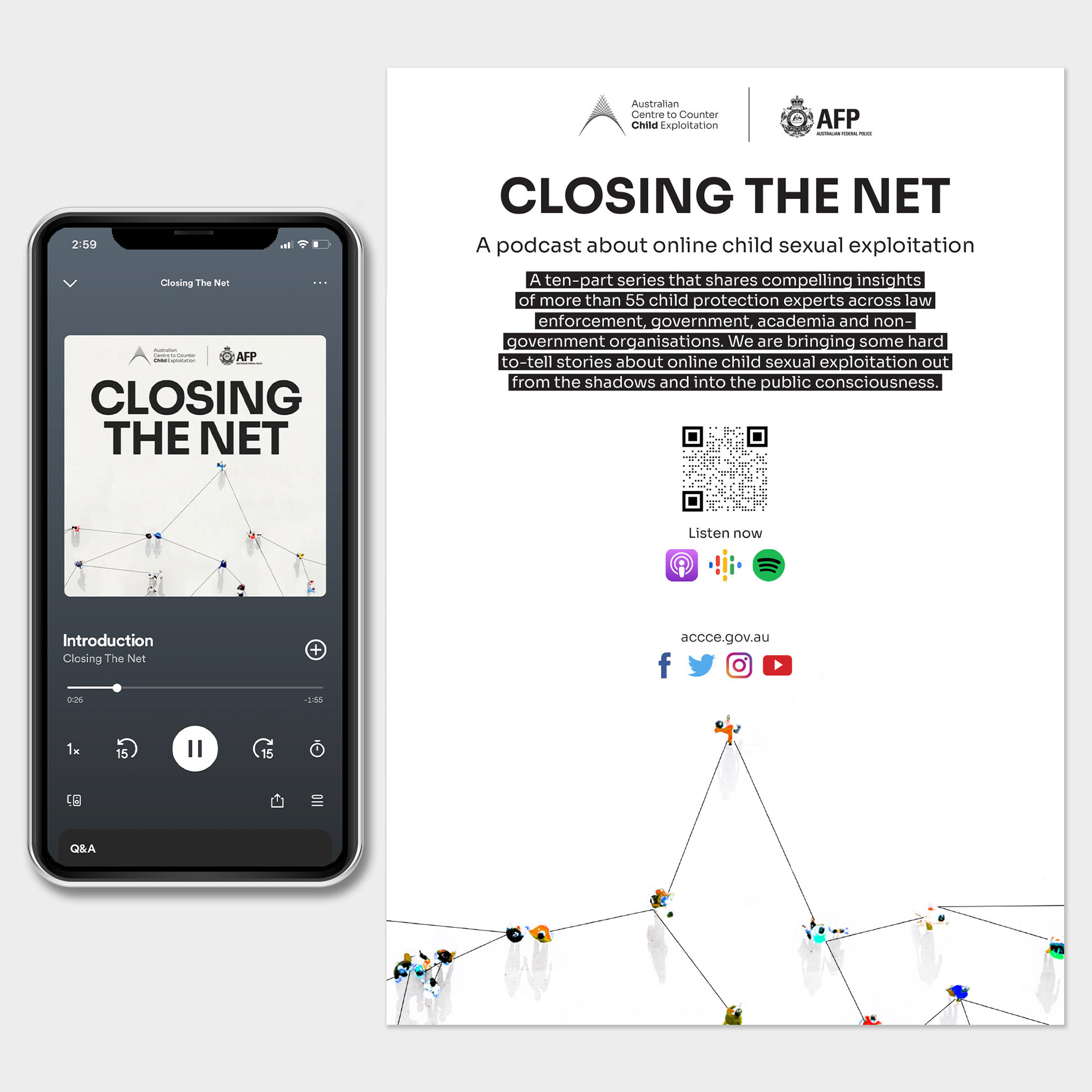 Phone mockup showing Closing the Net podcast being played on Spotify as well as A4 poster advertising the podcast.