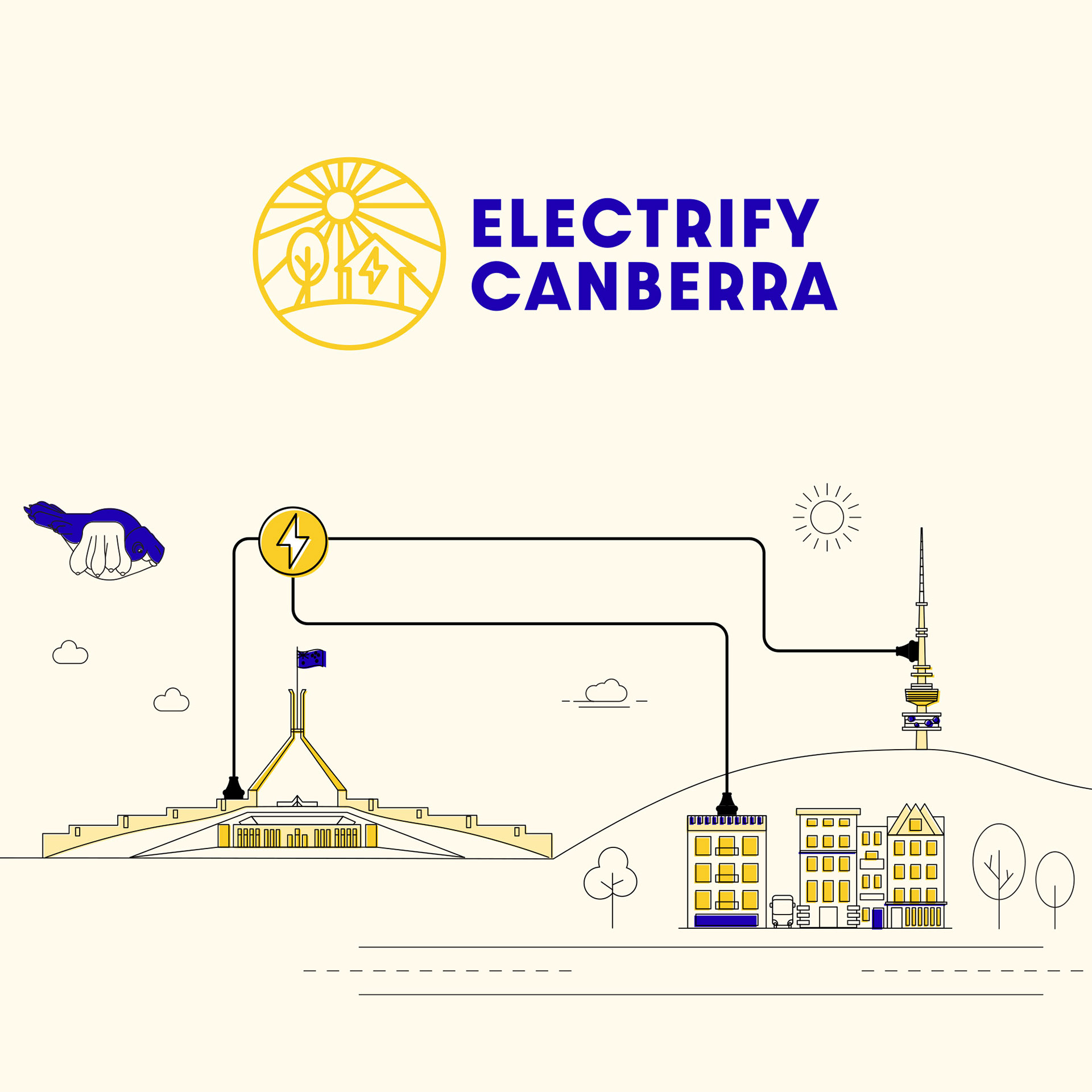 Graphic showing Electrify Canberra logo and illustration of Canberra landscape, including Skywhale, with electricity plugged into landmarks.