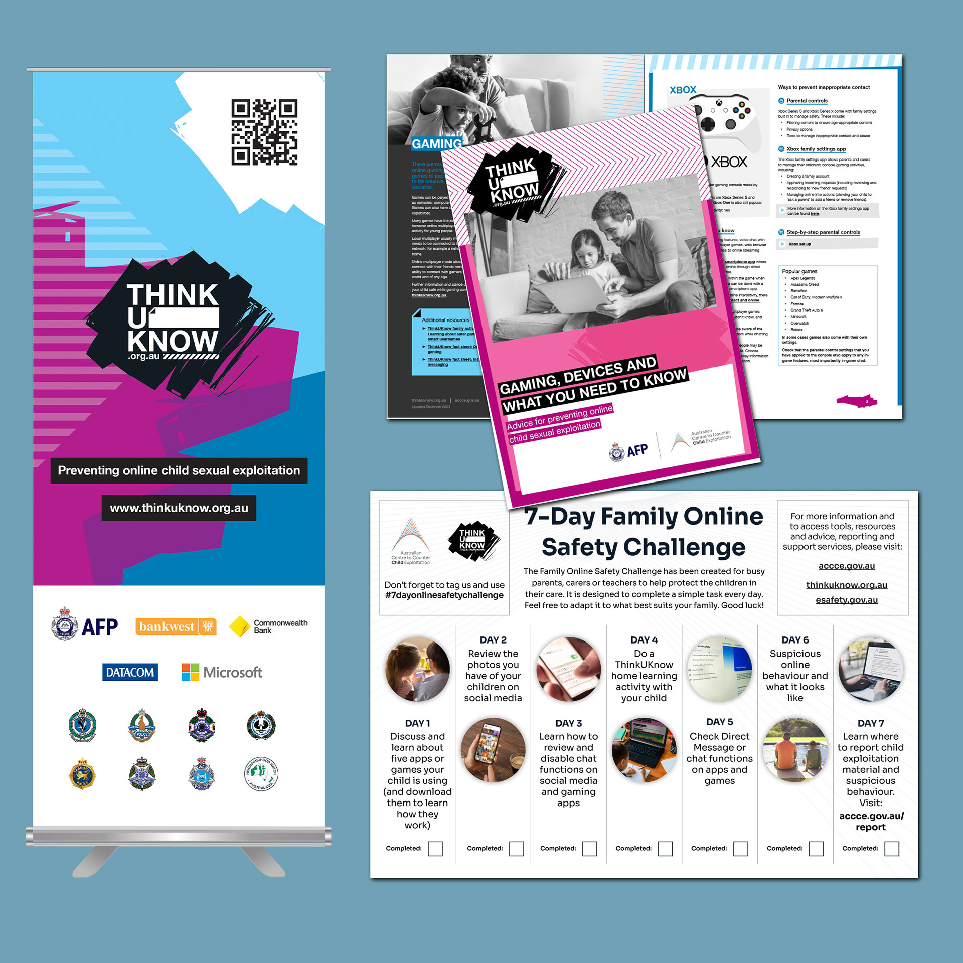 Pull up banner mockup advertising ThinkUKnow and its partners. Next to banner is a mockup of an A4 toolkit overview for parents to understand their children's gaming and devices. Below both is an A4 7 day online safety checklist for parents and their children to review.