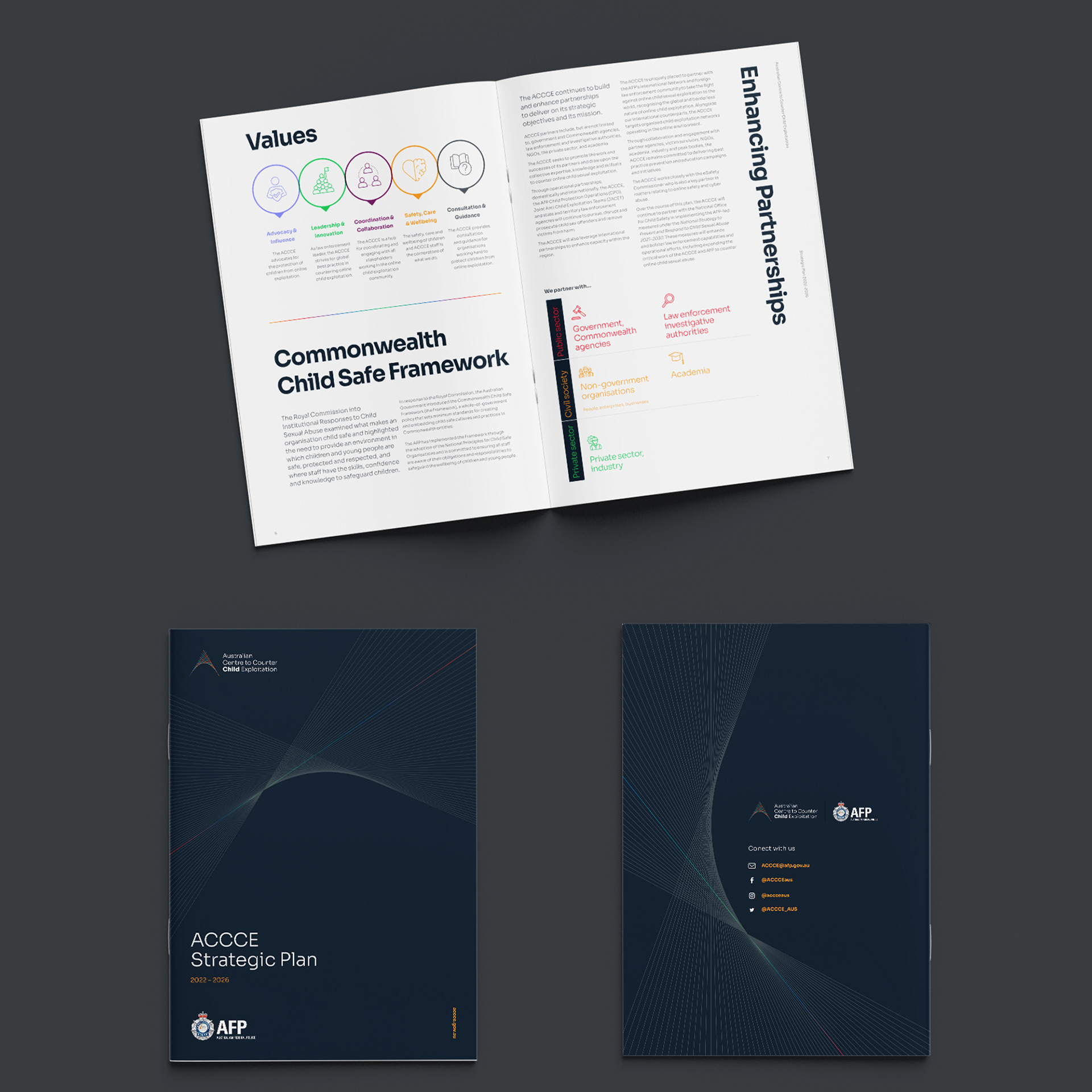 Mockup of the ACCCE Strategic Plan as an A4 booklet showing two inside pages as well as front/back covers.
