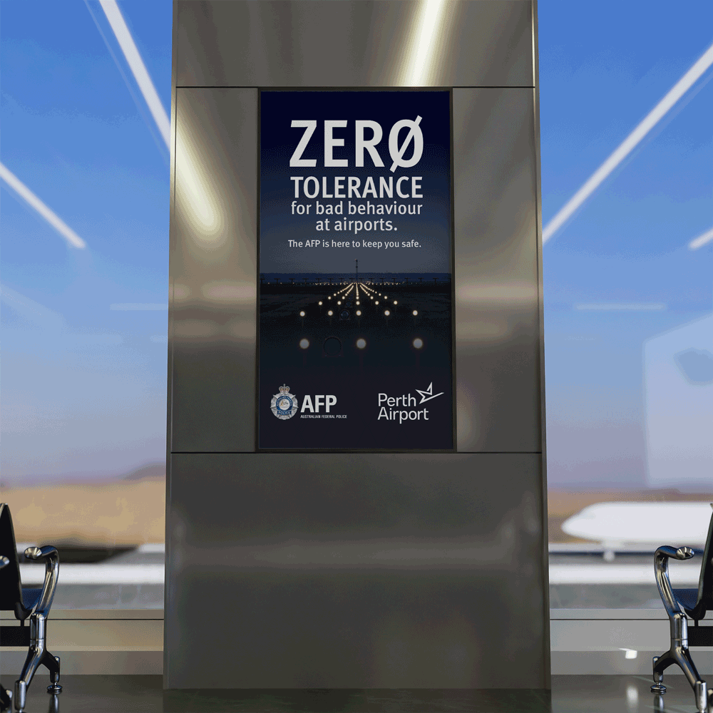 Mockup showing the AFP's campaign in Australian airports requesting passengers be on good behaviour during the holiday period.
