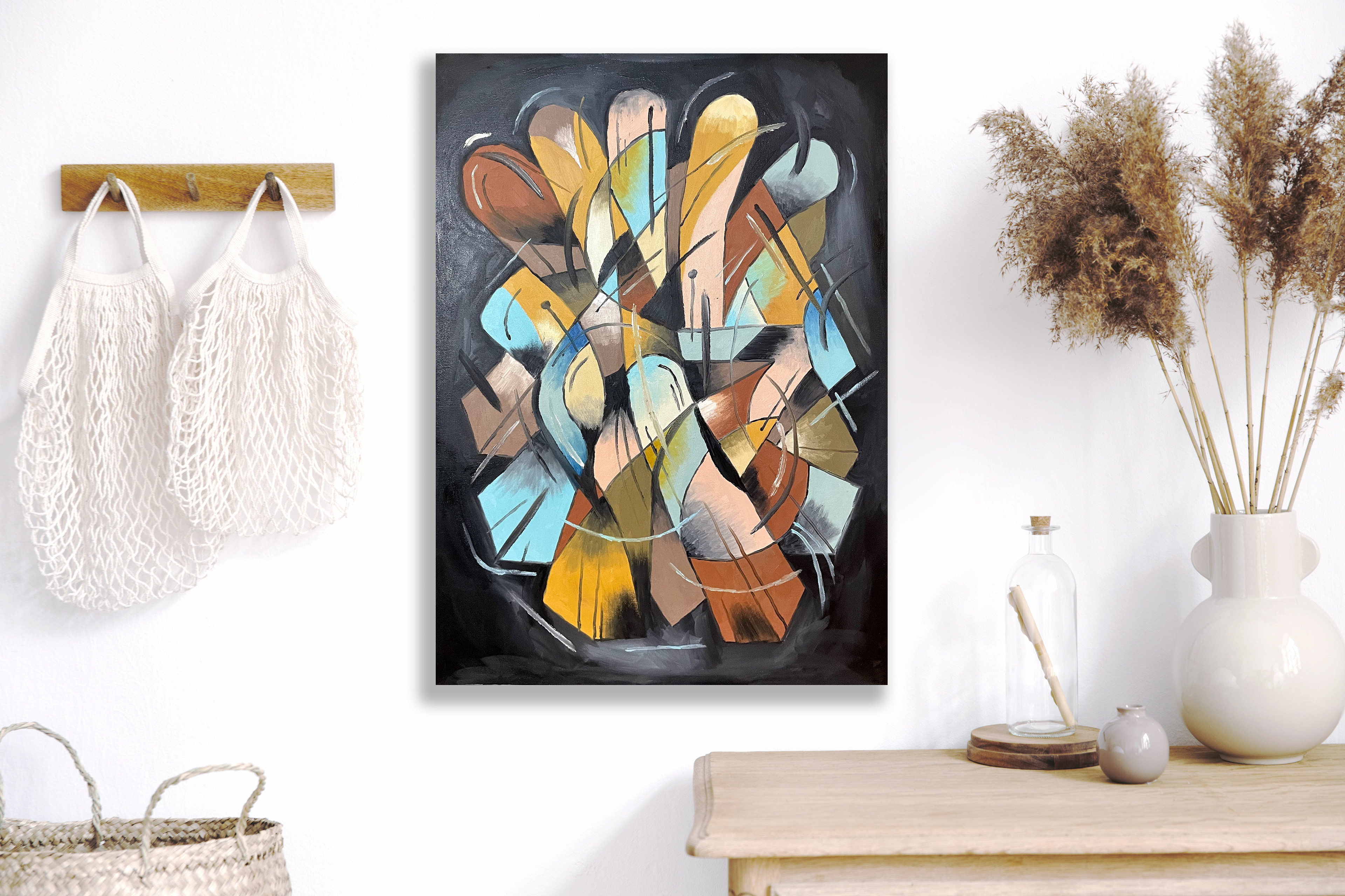 "Dance" is one of my particularly ambiguous oil paintings.  Through directional lines and composition, I aimed to depict a joyous calamity.  When I work on pieces like this, I often don’t have an idea as to whether I am sketching out many people or one in constant movement.  “Dance” empowers the viewer to unveil its meaning themselves. 