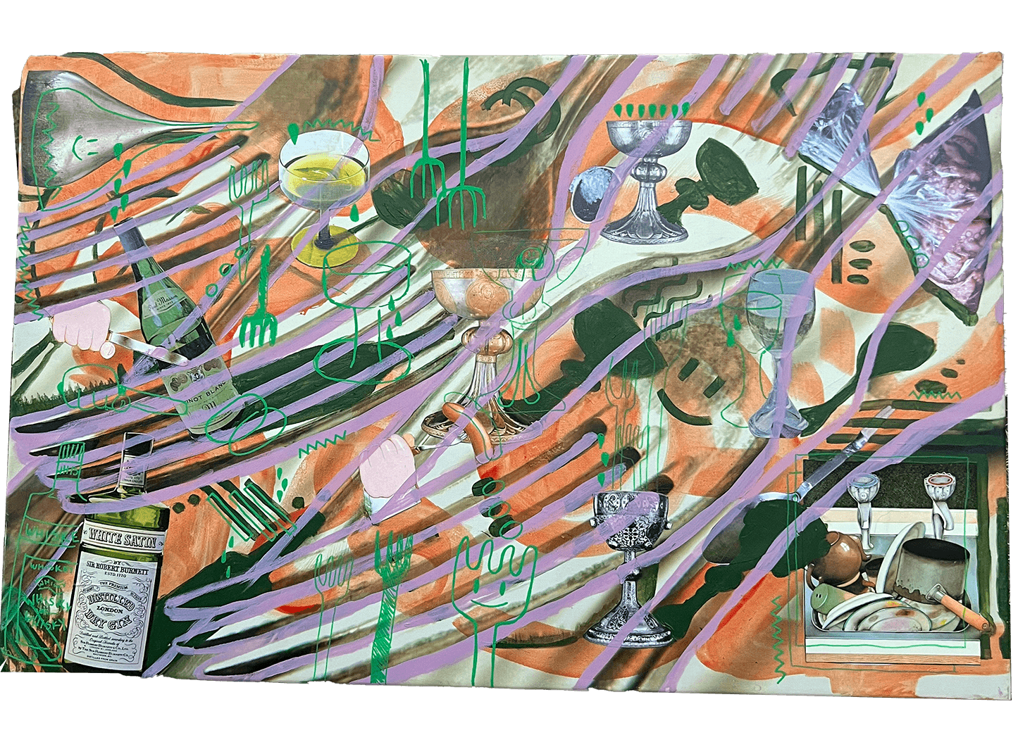 Forks for the Dead Girl, 24"x36" mixed media collage on canvas, 2023.