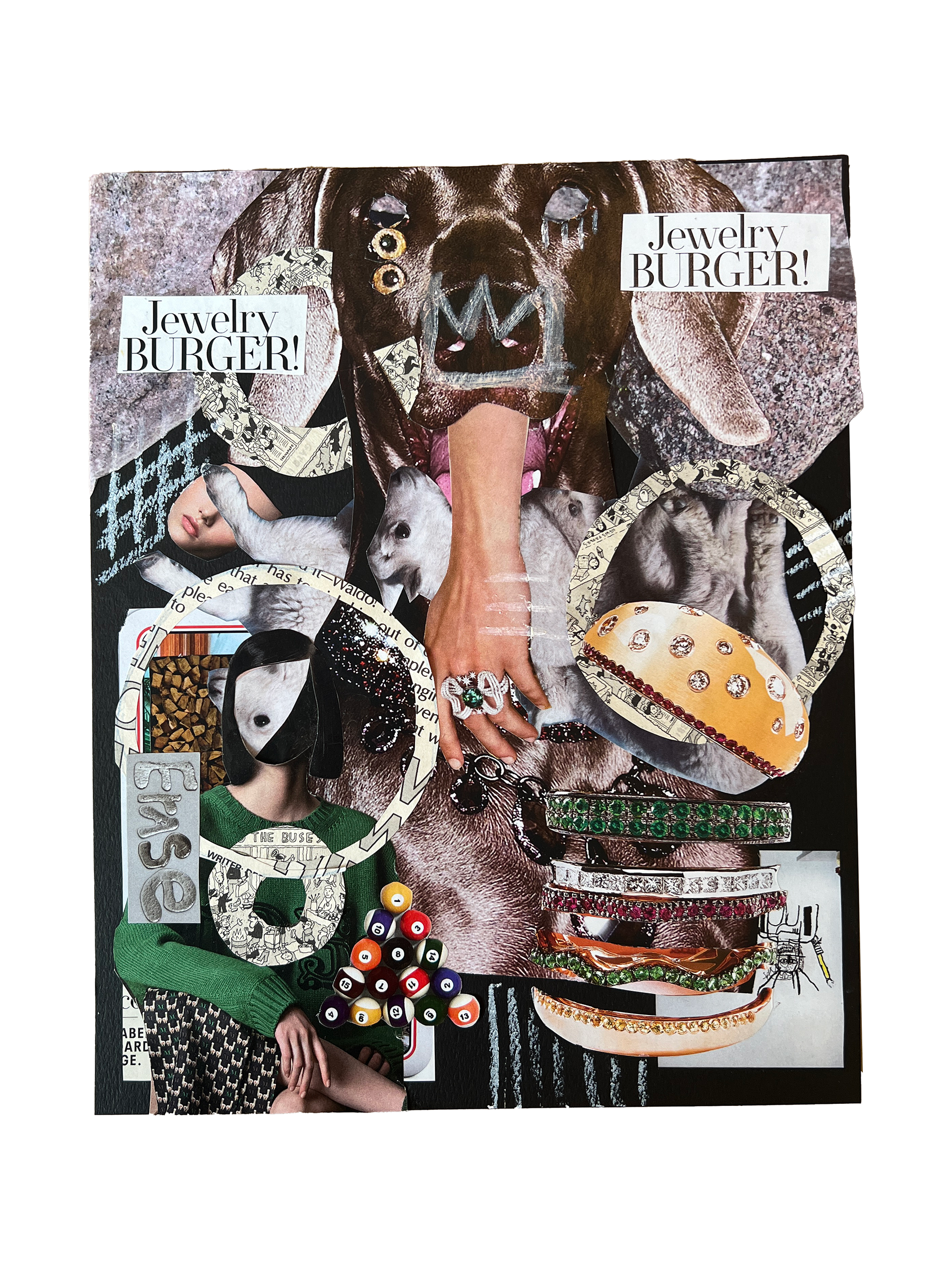 Jewelry Burger (what else?), collage, 8"x11", 2024.