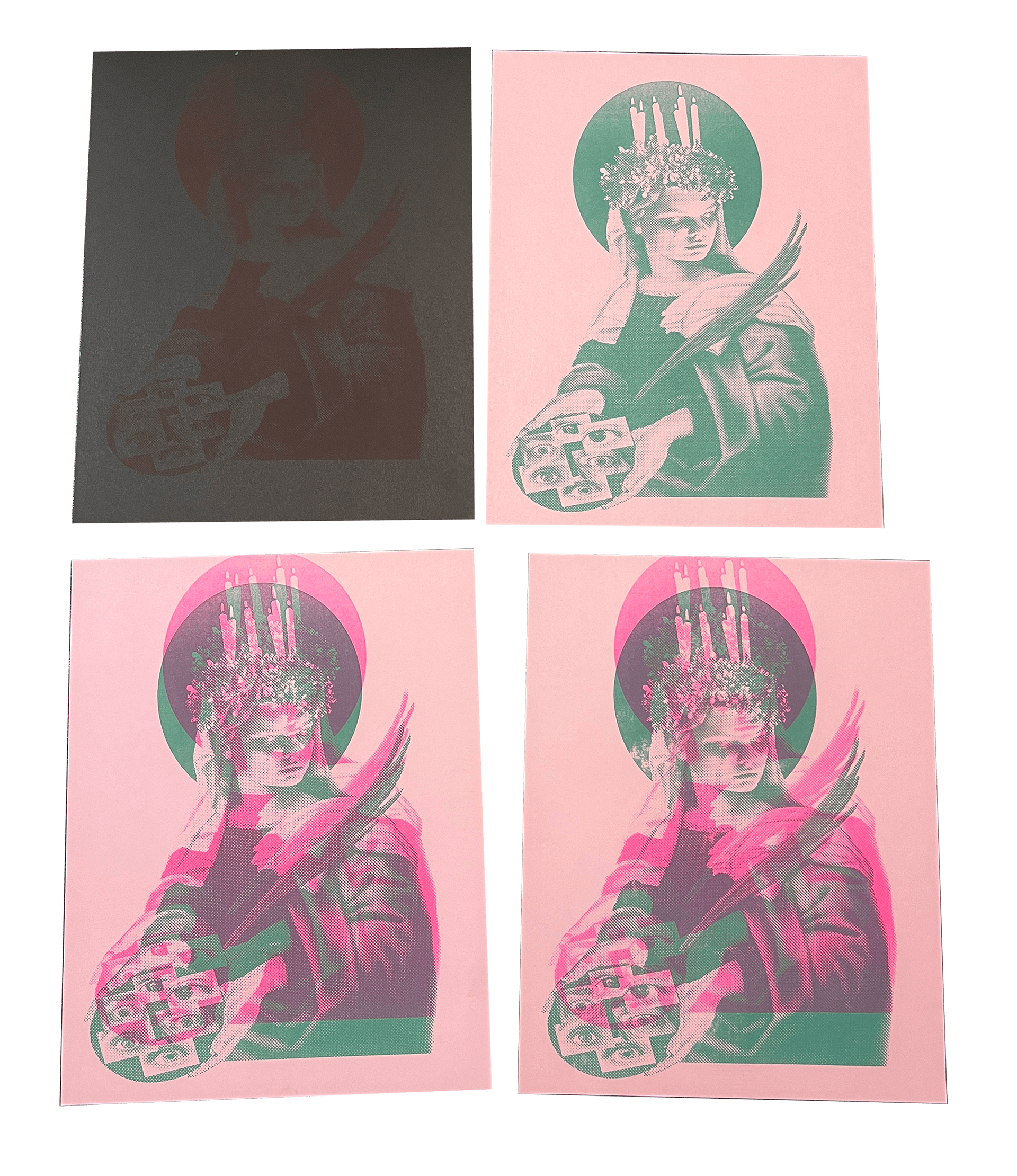 Dear St. Lucy, risograph print of digital collage on paper, 8"x11", 2024.