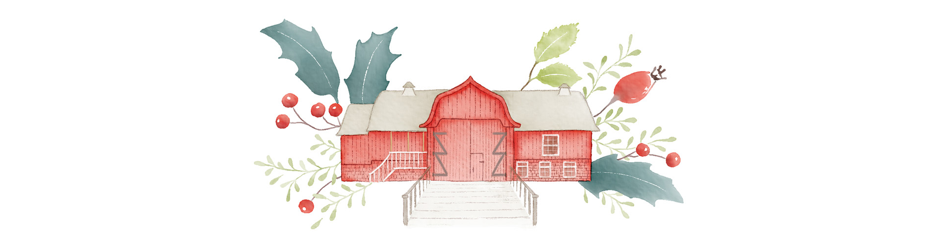 illustration aquarelle numérique du lieu de réception du mariage, la grange rouge à Saint-Denis-de-Brompton