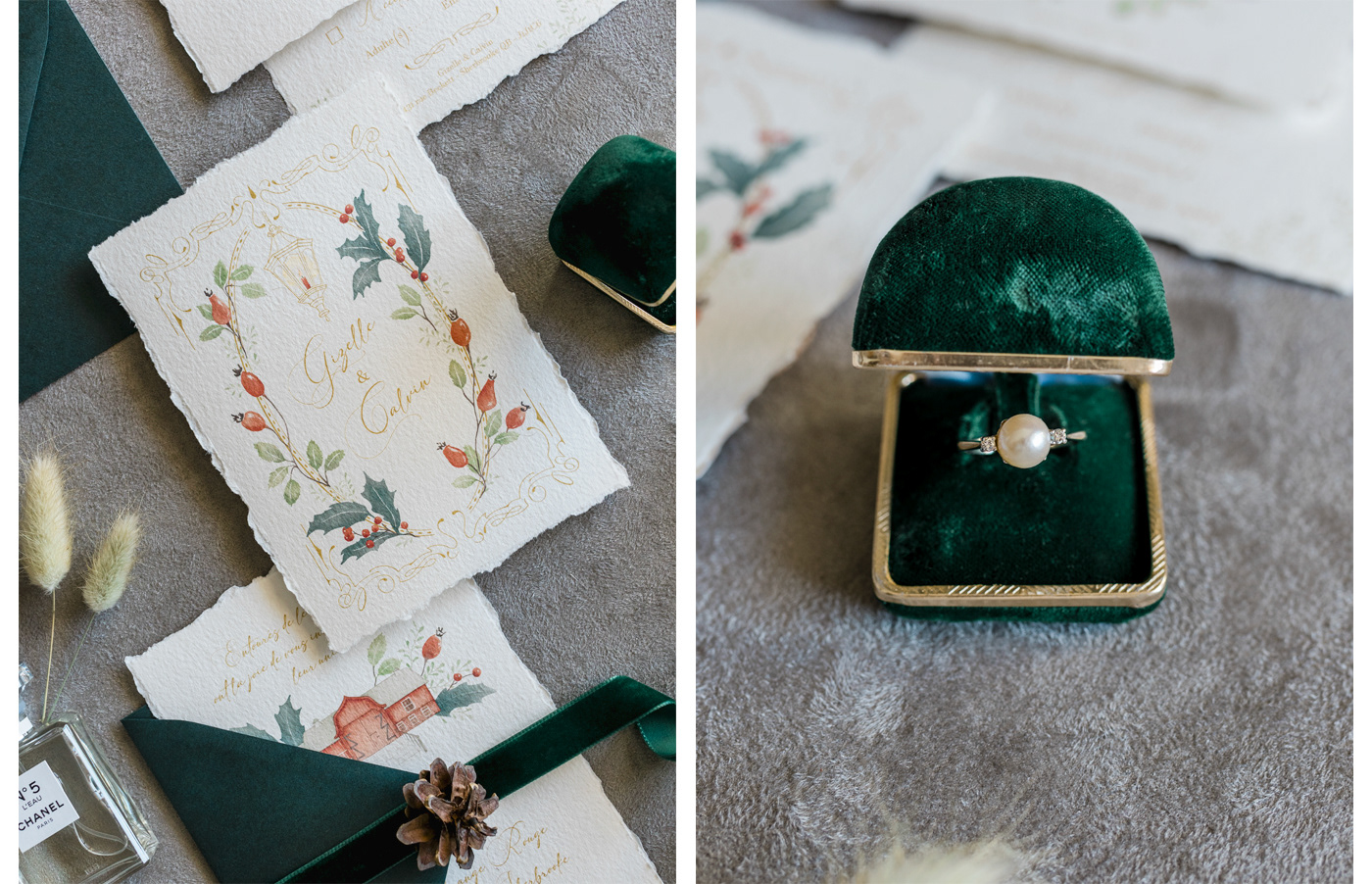 2 photos, un zoom sur le recto et le verso du faire-part de mariage et un zoom sur la bague de fiançailles dans sont écrin de velours vintage vert 