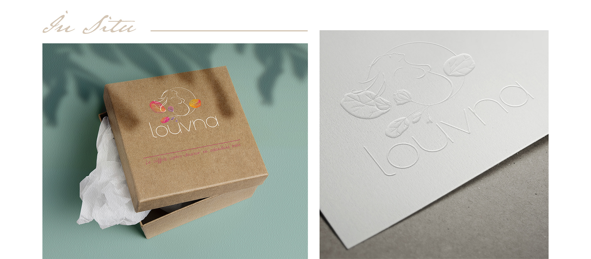 2 photos de mise en situation du logotype : photo 1 impression quadrichromie sur une boite en carton recyclé marron et  photo 2 gaufrage du logotype effet timbre à sec sur papier blanc