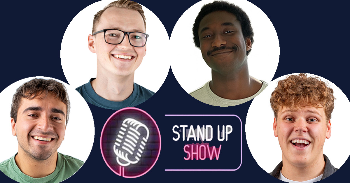 Bilde med fire runde portretter av ulike mennesker med teksten under STAND UP SHOW og en mikrofon til høyre for teksten