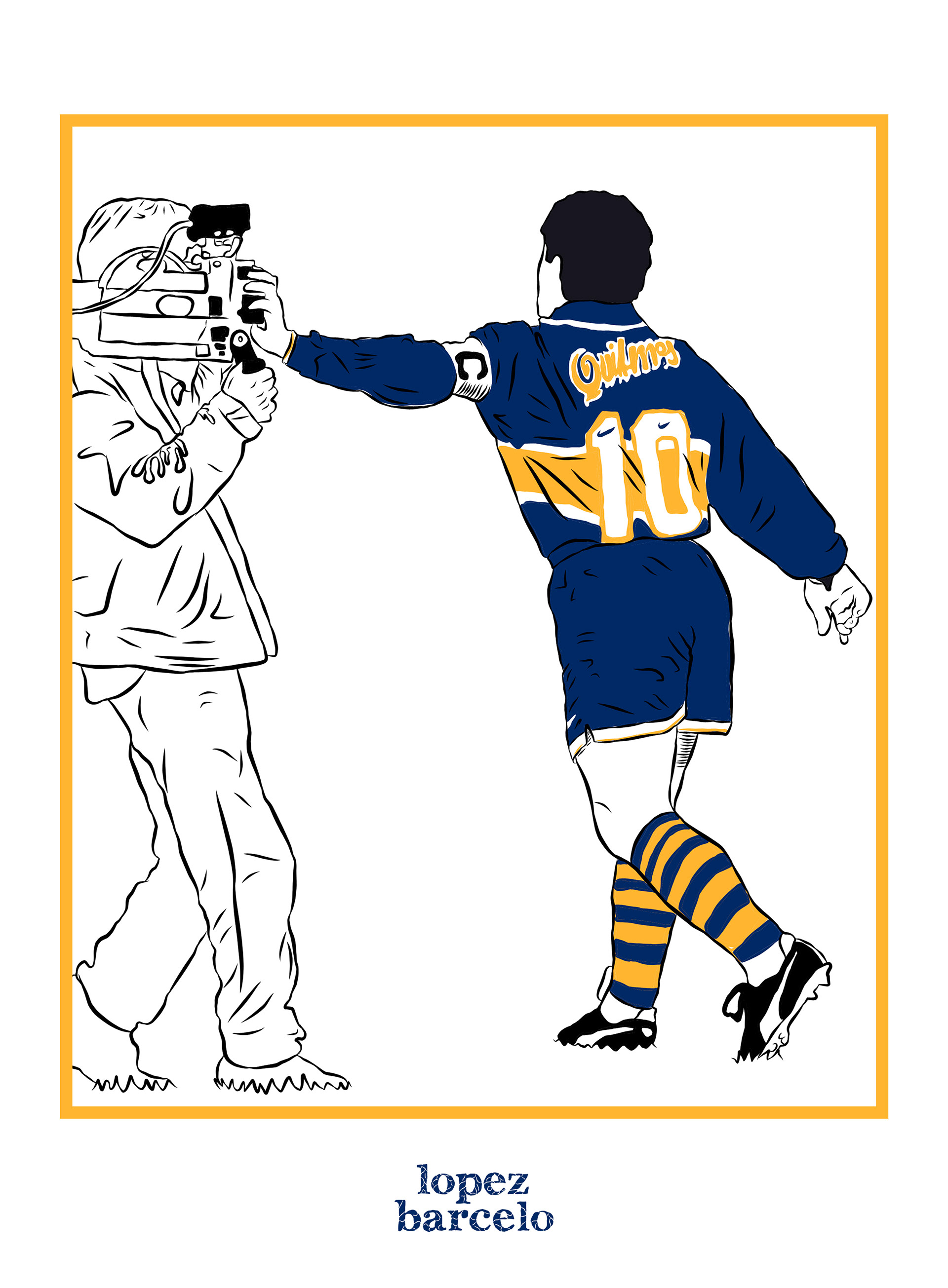 Ilustración digital retro. Diego Armando Maradona tapando el lente de la cámara en su etapa en Boca Juniors.