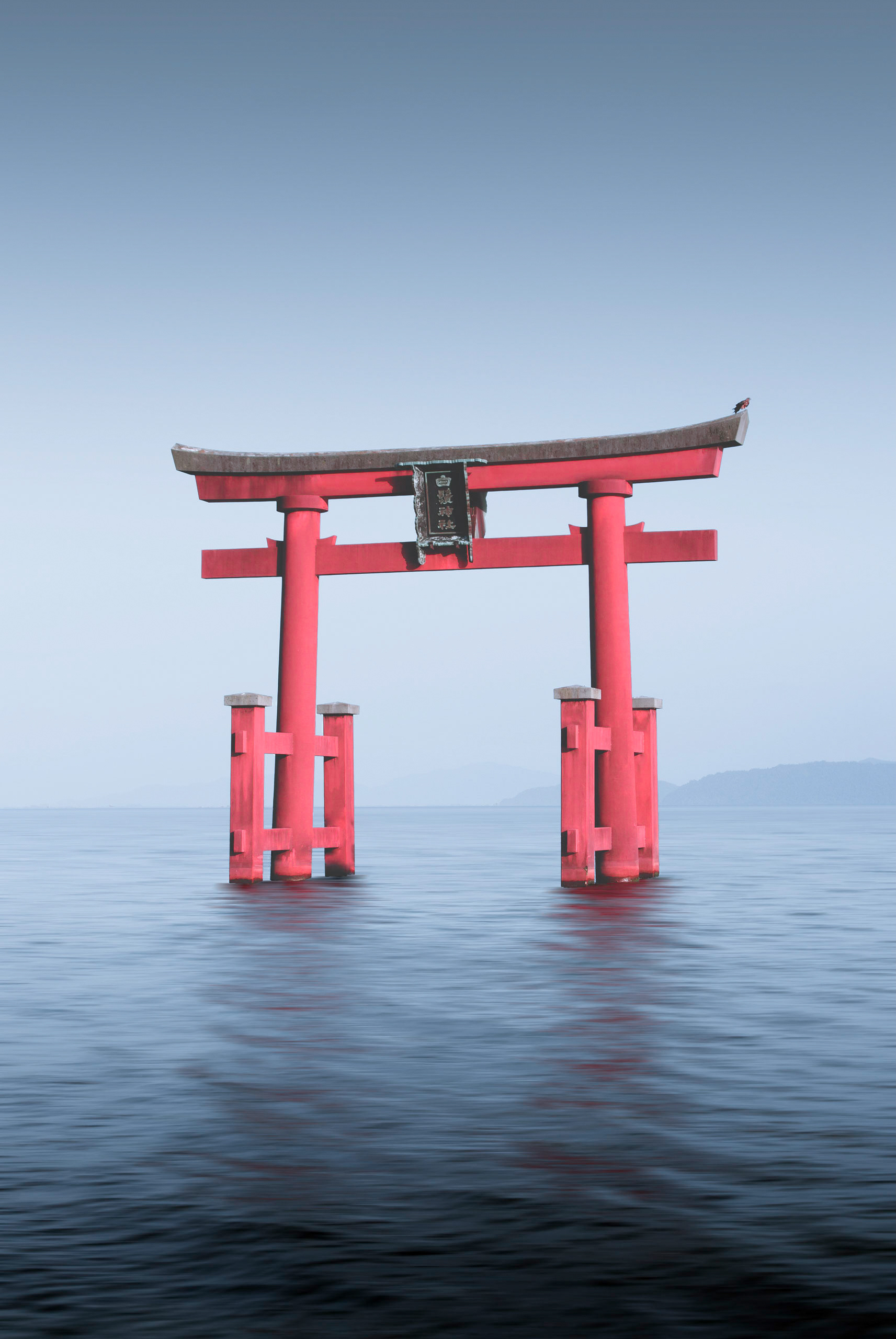 A Torii Gate of Shirahige Shrine in the Biwa lake in the Prefecture Shiga.