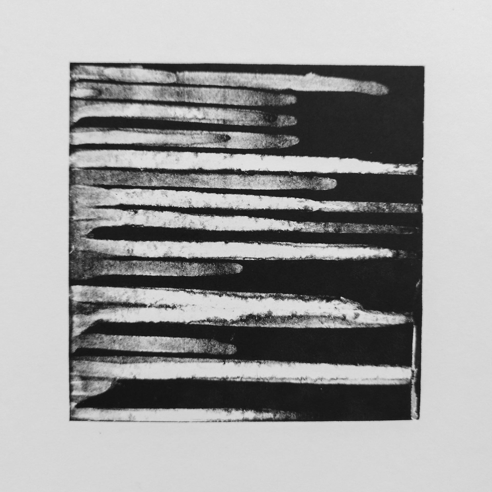 Livvy King Artist, black square monoprint with multiple horizontal white lines