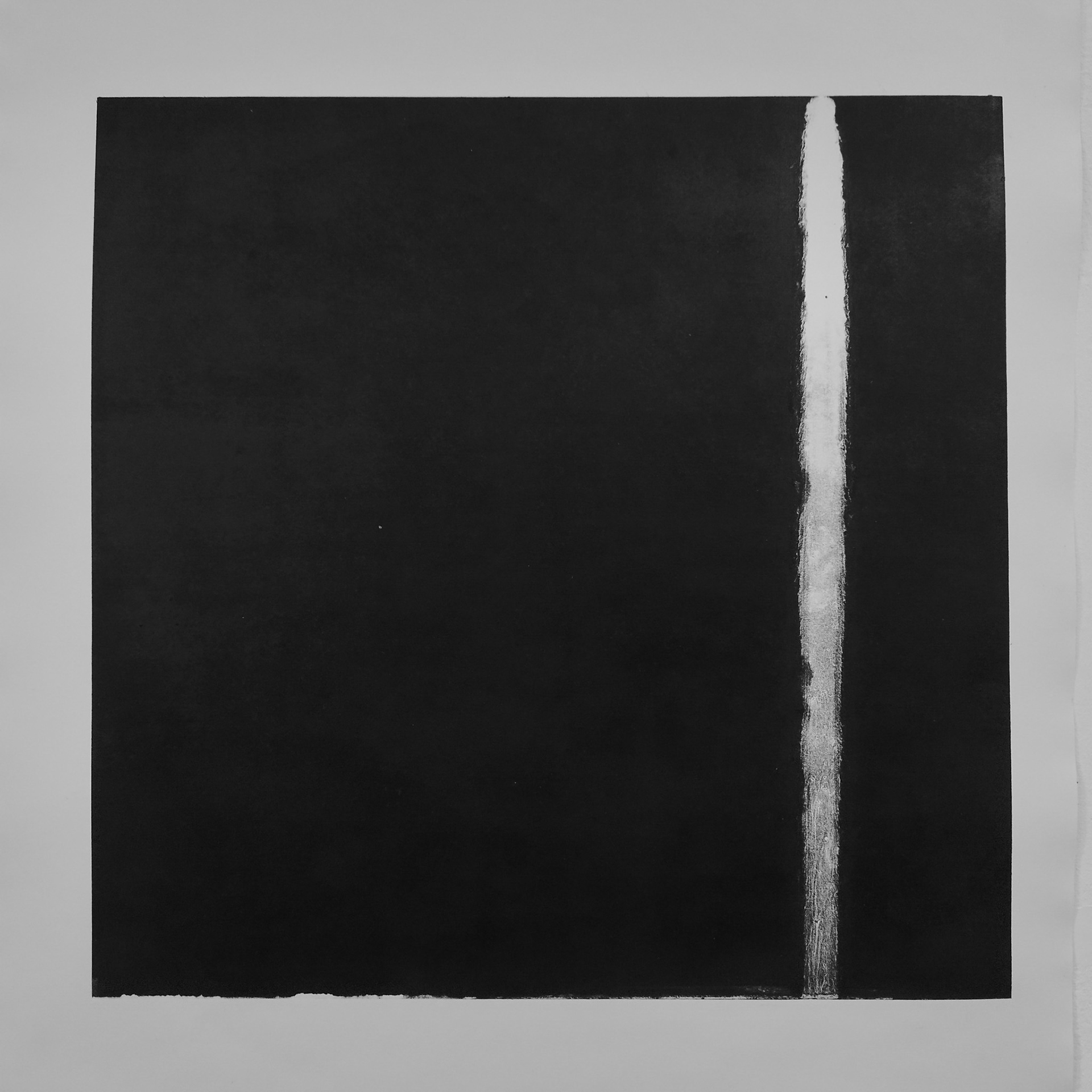 Livvy King Artist, black square monoprint with white leaking line