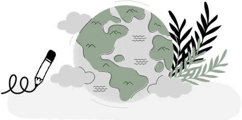 Illustration of Earth with leaves and pencil scribbling.