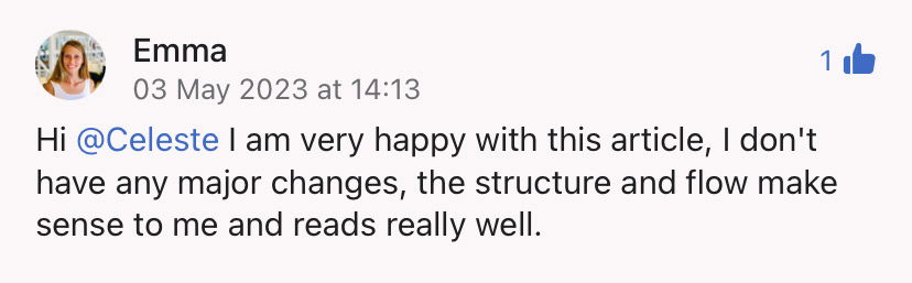 Emma writes feedback to Celeste about the quality of her human blog content writing.