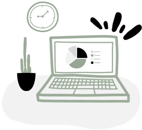 Illustration of a pie chart on a laptop screen with a plant on the desk and a clock.