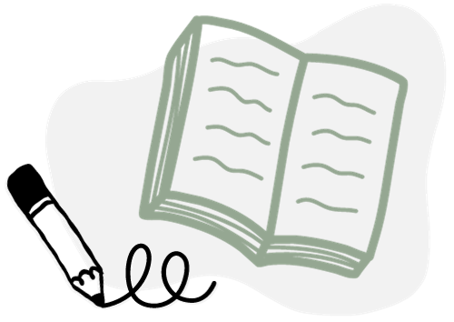Illustration of an open book and pencil scribbling.