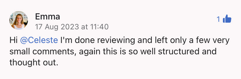 Emma writes feedback to Celeste about her well-structured human blog content writing.