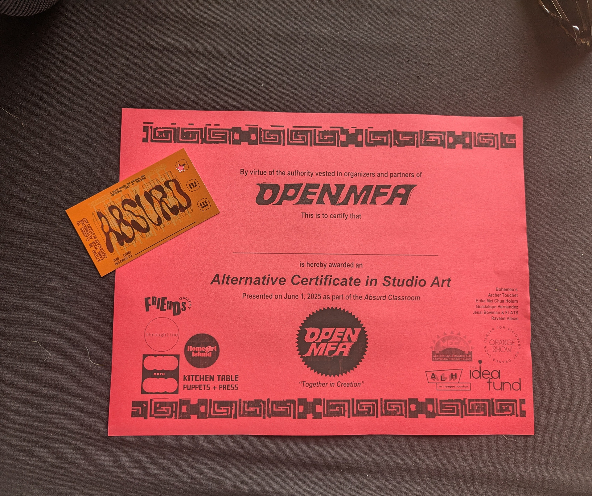 Alternative Certificate in Studio Art and punch card
