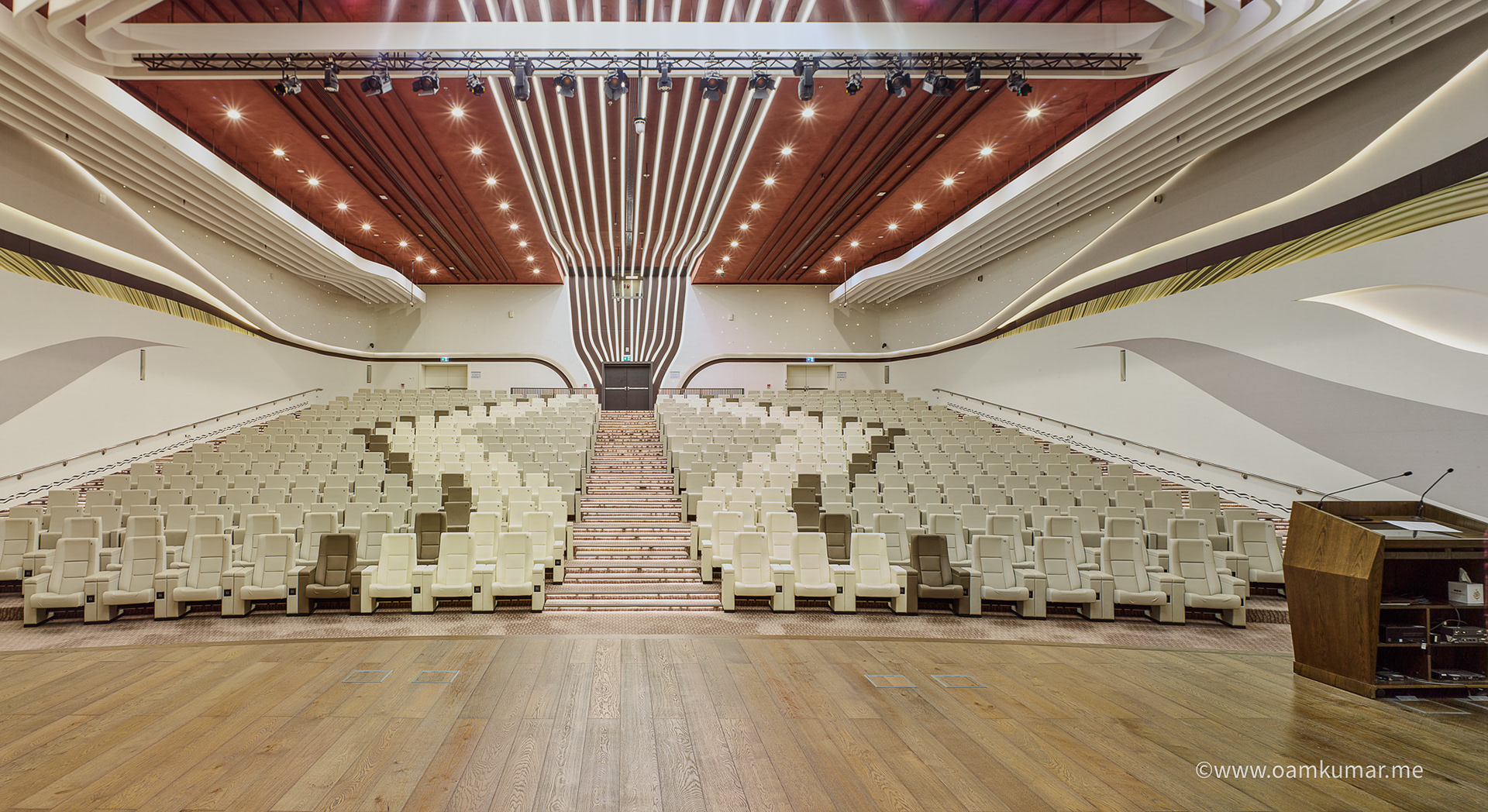Auditorium of Mohammed bin Rashid Library, Dubai – photographed by Oamkumar Thottungal, showcasing composition, architectural symmetry, lighting, and cultural depth.