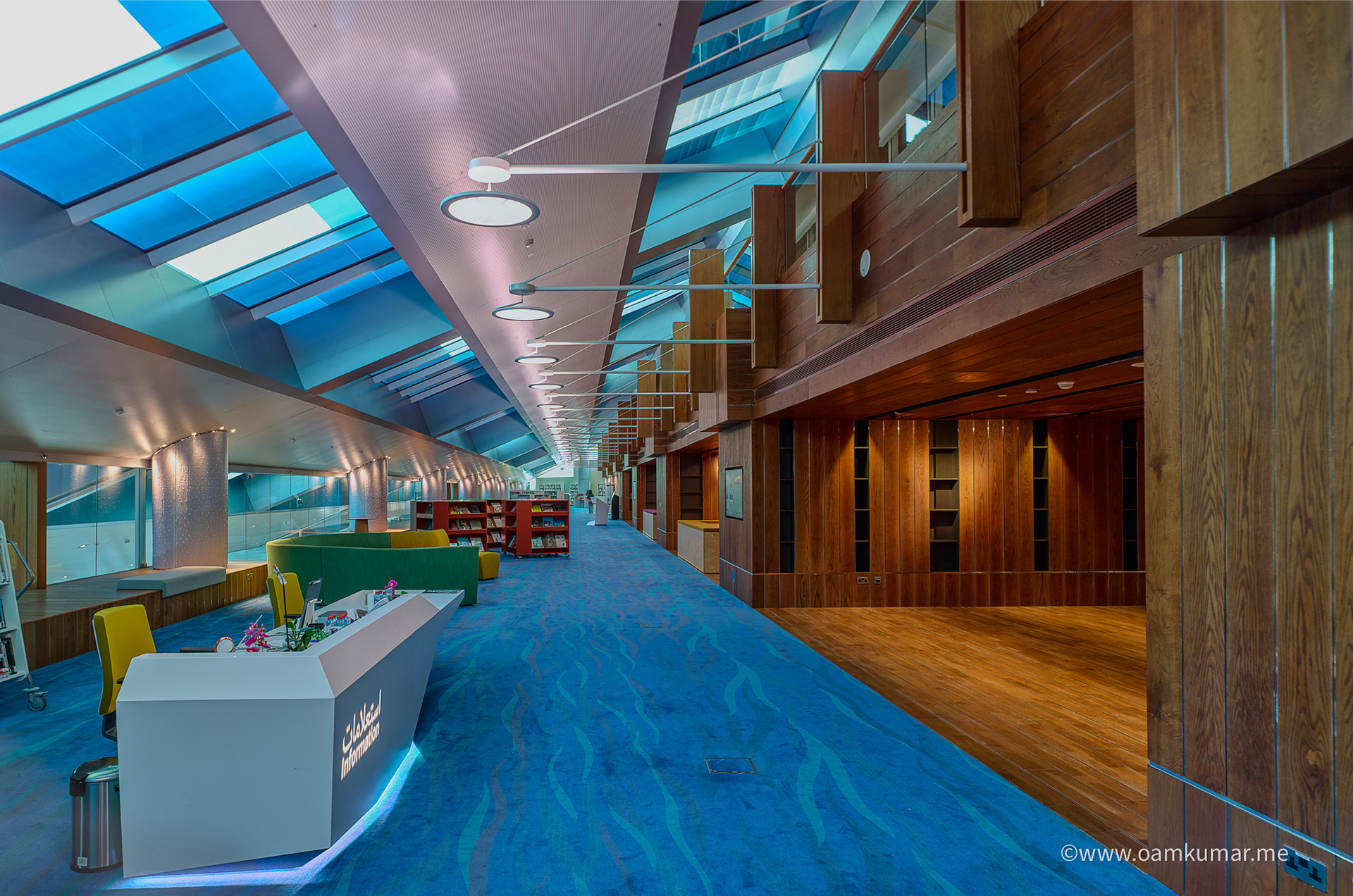 Interior of Mohammed bin Rashid Library, Dubai – photographed by Oamkumar Thottungal, showcasing composition, architectural symmetry, lighting, and cultural depth.