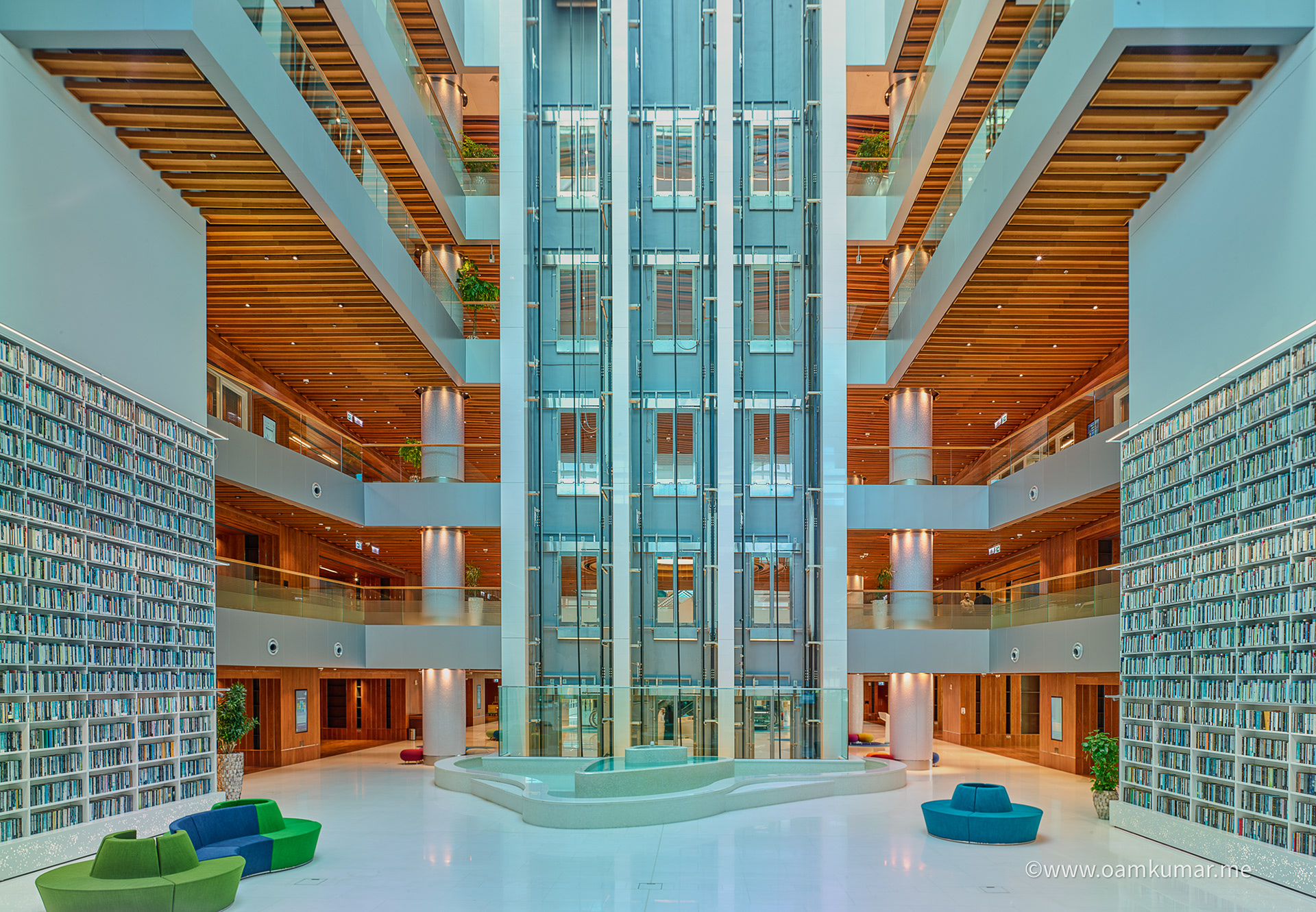 Interior of Mohammed bin Rashid Library, Dubai – photographed by Oamkumar Thottungal, showcasing composition, architectural symmetry, lighting, and cultural depth.