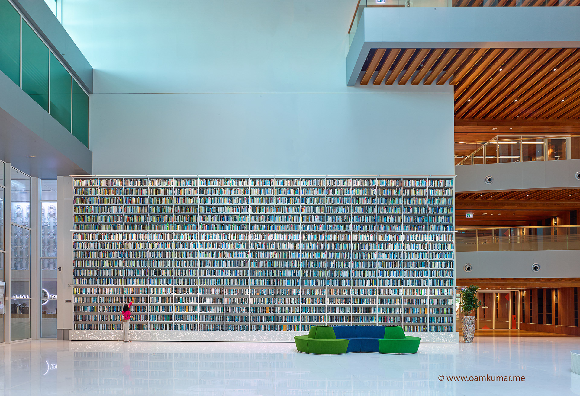 Interior of Mohammed bin Rashid Library, Dubai – photographed by Oamkumar Thottungal, showcasing composition, architectural symmetry, lighting, and cultural depth.