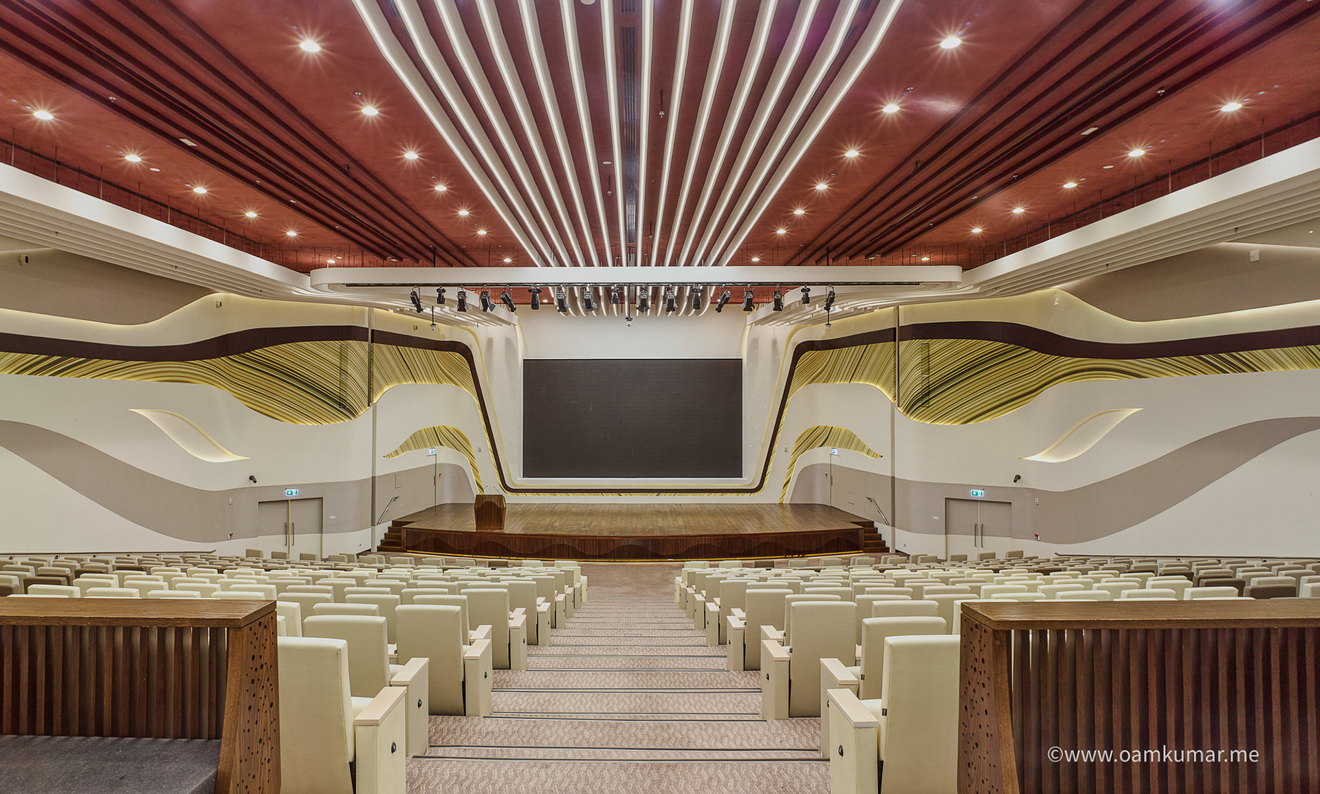 Auditorium of Mohammed bin Rashid Library, Dubai – photographed by Oamkumar Thottungal, showcasing composition, architectural symmetry, lighting, and cultural depth.
