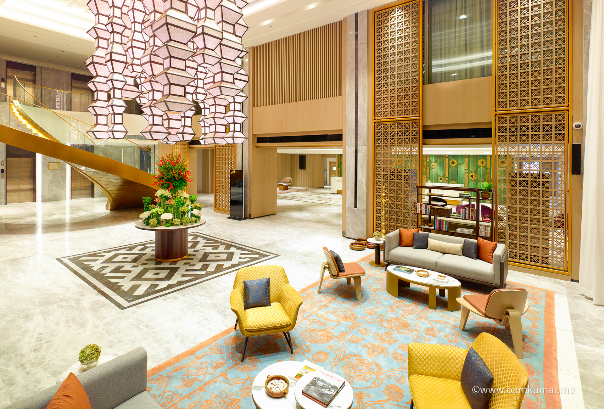 Lobby interior of Taj Hotel near Cochin International Airport – luxury architecture captured by photographer Oamkumar with natural lighting and grand spatial composition.