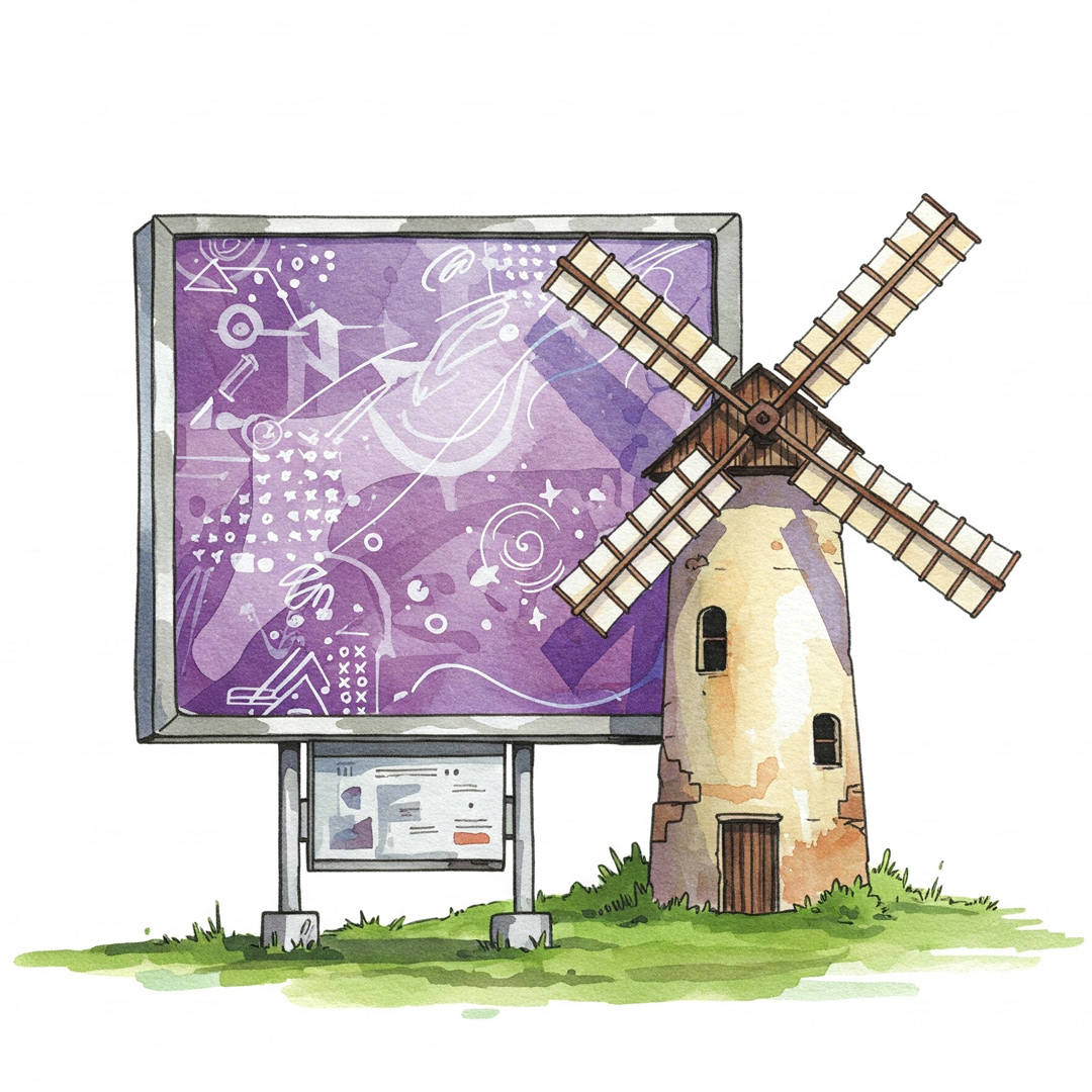 A creative watercolor-style illustration featuring a rustic windmill seamlessly integrated with a modern billboard displaying abstract design elements. This artwork symbolizes the fusion of traditional and digital creativity, highlighting Mages Studio’s expertise in packaging design, brochures, posters, flyers, PowerPoint presentations, pitch decks, infographics, data visualization, business proposals, and reports.