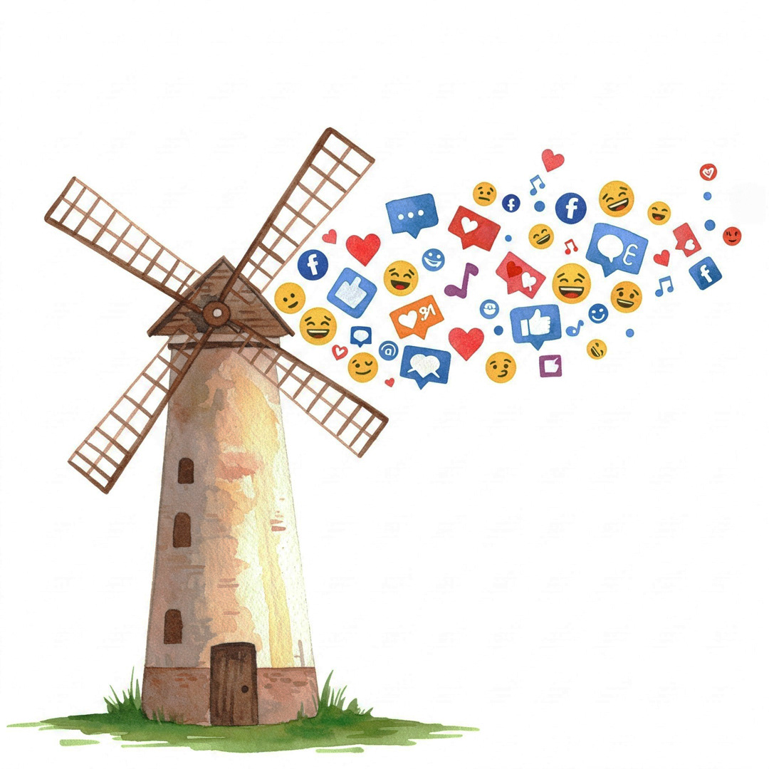 The image portrays a windmill with social media icons swirling around it, symbolizing the dynamic nature of our digital marketing and social media handling expertise. We offer a comprehensive range of services to elevate your online presence, including strategic social media management, captivating website design, impactful content creation, and targeted advertising campaigns. Partner with us to maximize your brand's visibility and achieve your digital marketing goals.