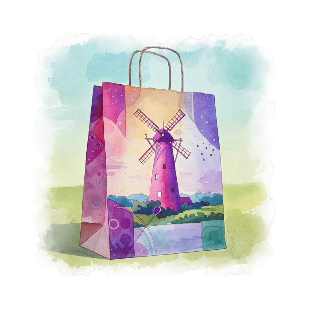 A vibrant, watercolor-style shopping bag design featuring a pink windmill against a dreamy landscape. This artistic packaging concept showcases intricate details, abstract patterns, and a bold color palette, reflecting Mages Studio’s expertise in brand identity creation, logo & visual identity design, business card and letterhead design, corporate branding, brand style guides, brand strategy, and social media maintenance for 3 or 6 months.