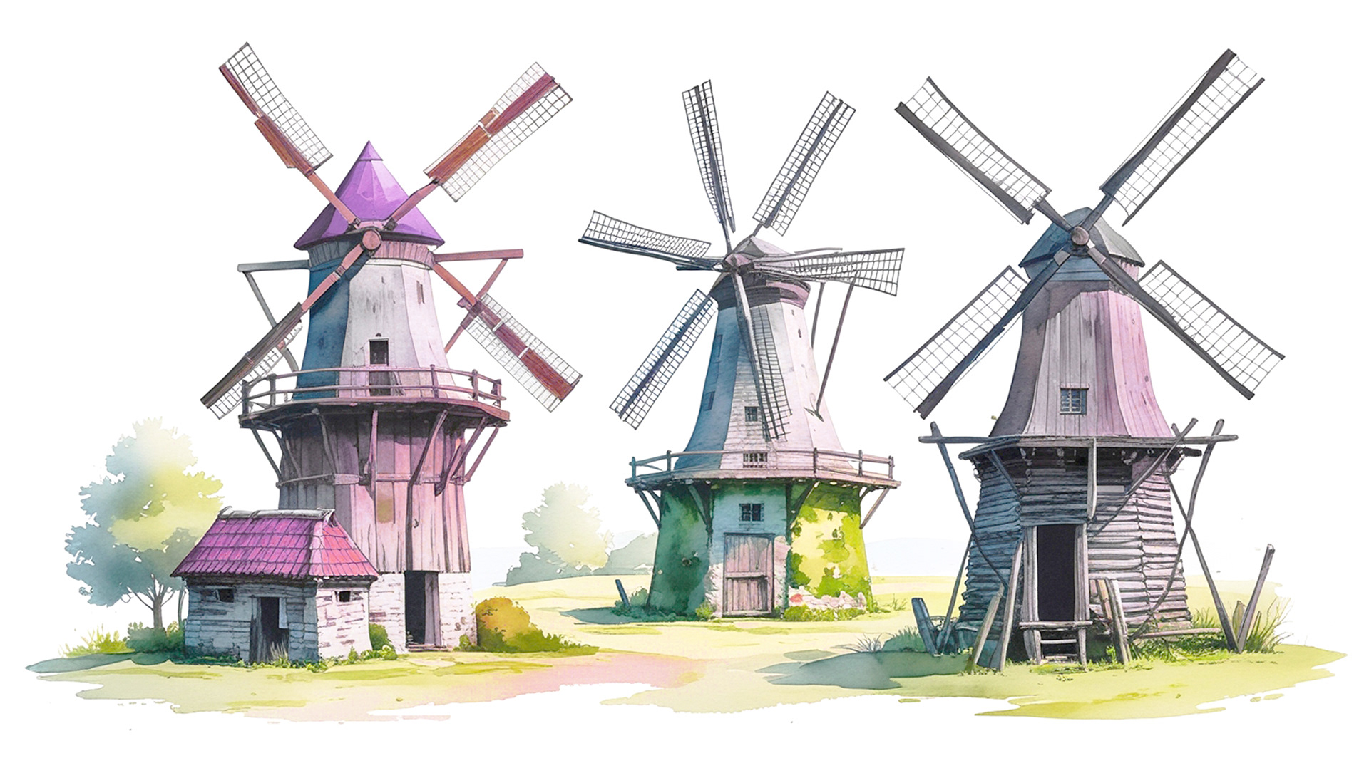 A beautifully illustrated set of three rustic windmills in a serene countryside landscape, designed in a soft watercolor style. Each windmill features unique architectural details, intricate textures, and natural lighting, showcasing Mages Studio's expertise in digital illustration, concept art, architectural visualization, graphic design, hand-drawn aesthetics, and artistic storytelling.