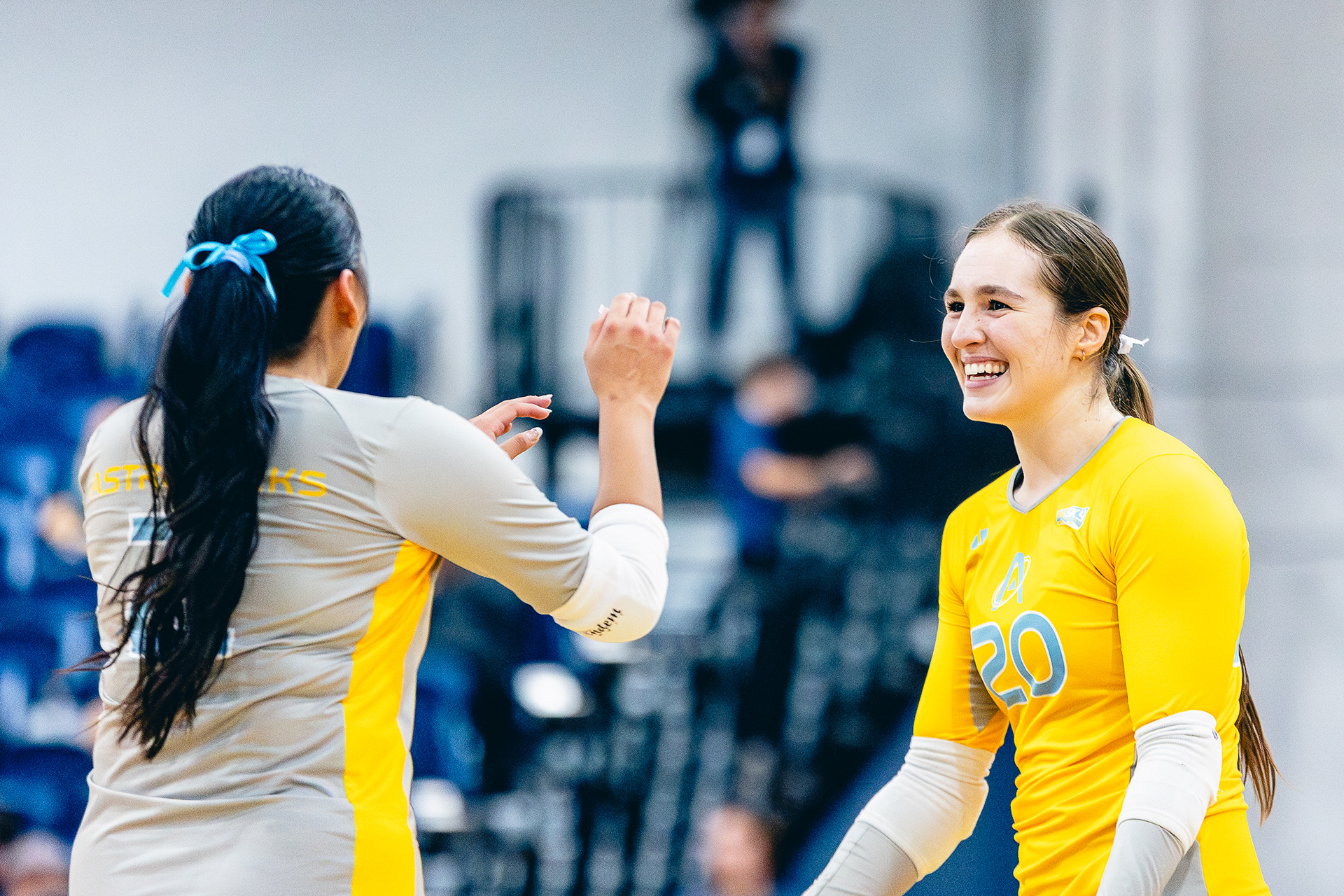 Redshirt sophomore lbero Melia Barlow(2) high fives senior outside hitter Kylie Moran (20) before the Big Sky Conference game against The University of Montana at the Rolle Activity Center, Oct. 30. 