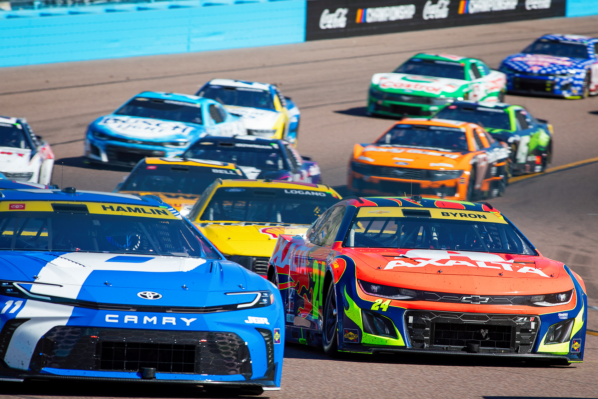 Denny Hamlin takes the lead during the 1st lap of the NASCAR Cup Series Championship Race at Phoenix Raceway, Nov. 2. 