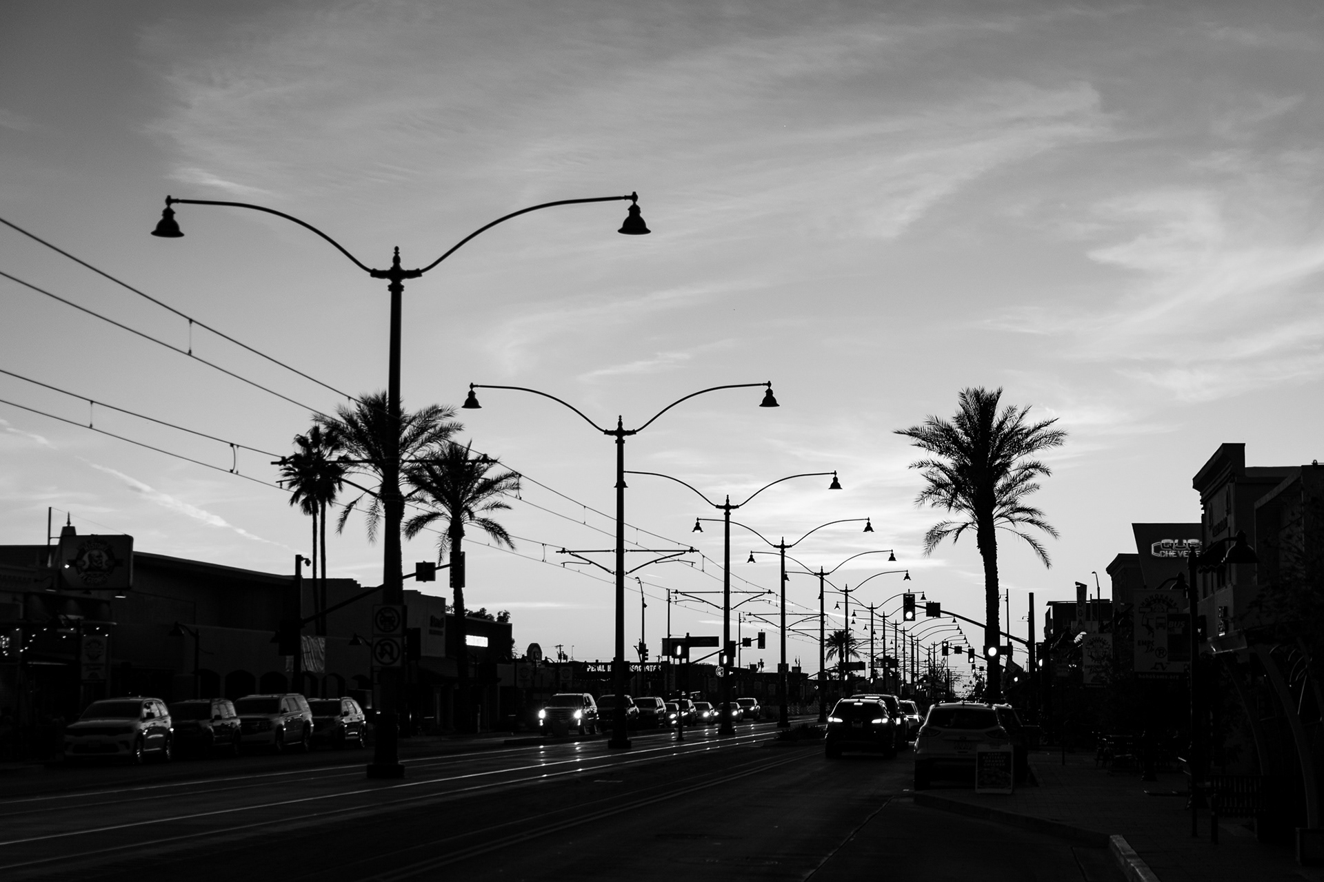 A monochromatic sunset of downtown Mesa. The sunset on this night was truly breathtaking. There were some really nice shades of pink and blue painting the sky like a true painting. As I was walking further away from the scene, I noticed that there was this really unique vanishing point with the street lamps that would be really compelling for a print and for this class. Shooting this taught me about depth and how vanishing points can make your photos feel like they are larger than life. Taken on the Canon RF 24-105 f/4.0. March 14, 2026.