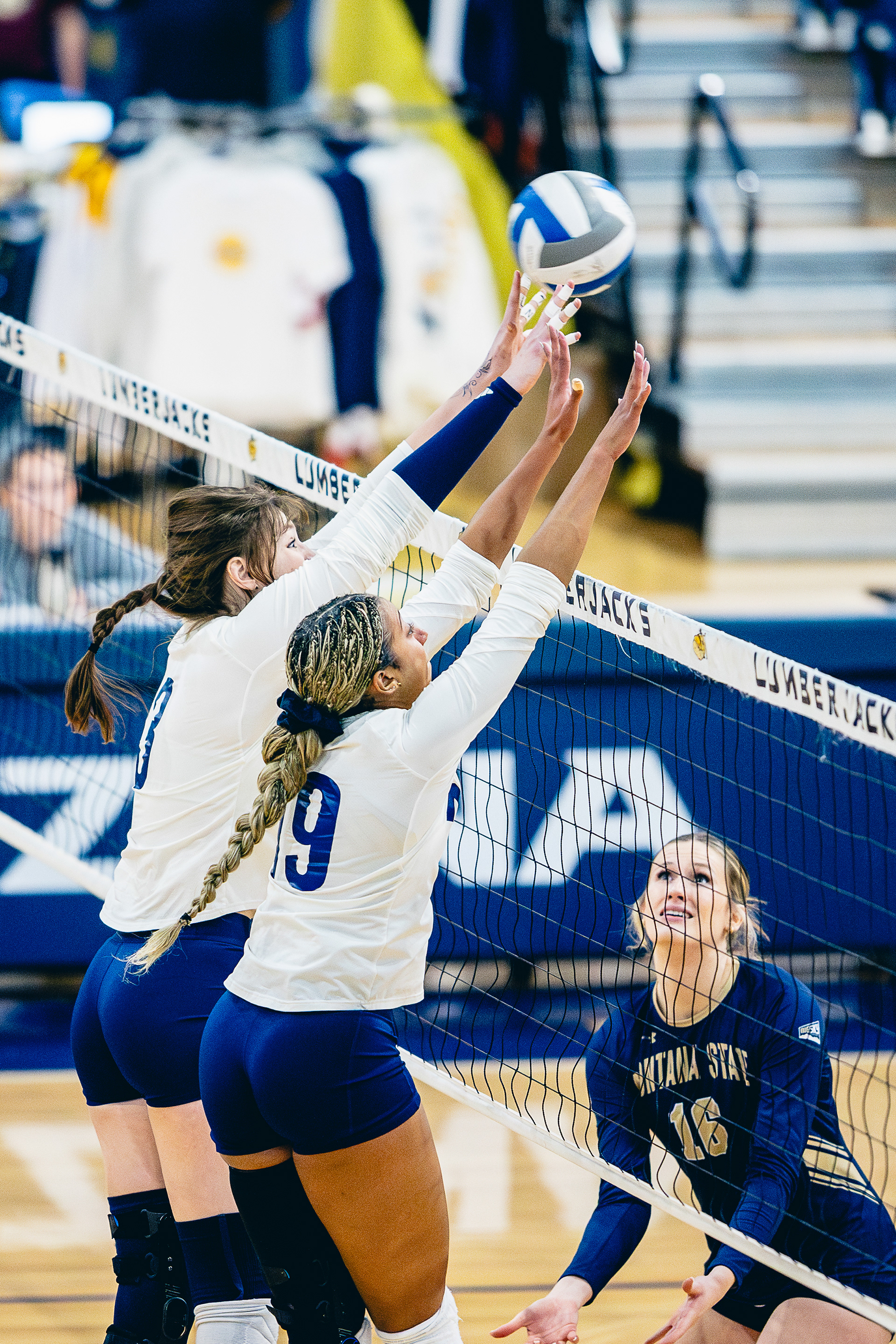 Redshirt sophomore middle blocker Gigi Greenlee (3) and redshirt senior opposite hitter Sophia Wadsworth (19) block the ball during the Big Sky Conference game against Montana State at The Rolle Activity Center, Nov. 1.  