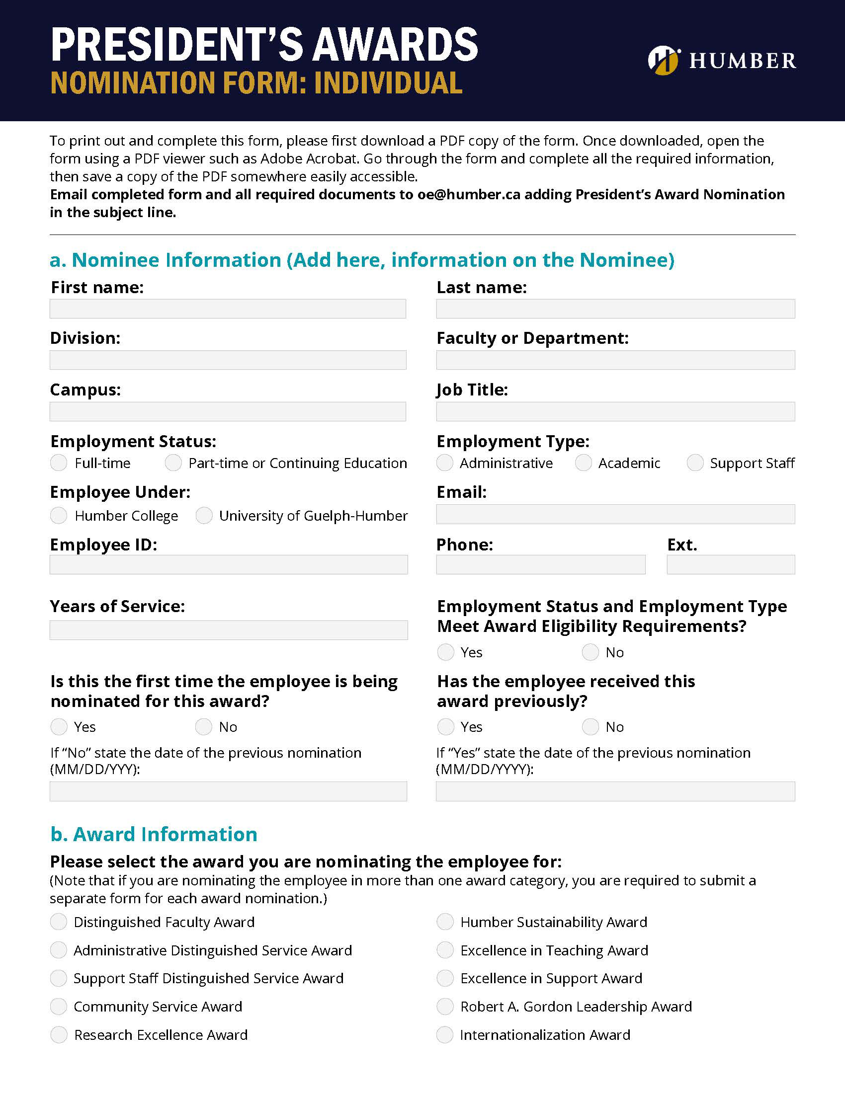 President's Awards Nomination Form